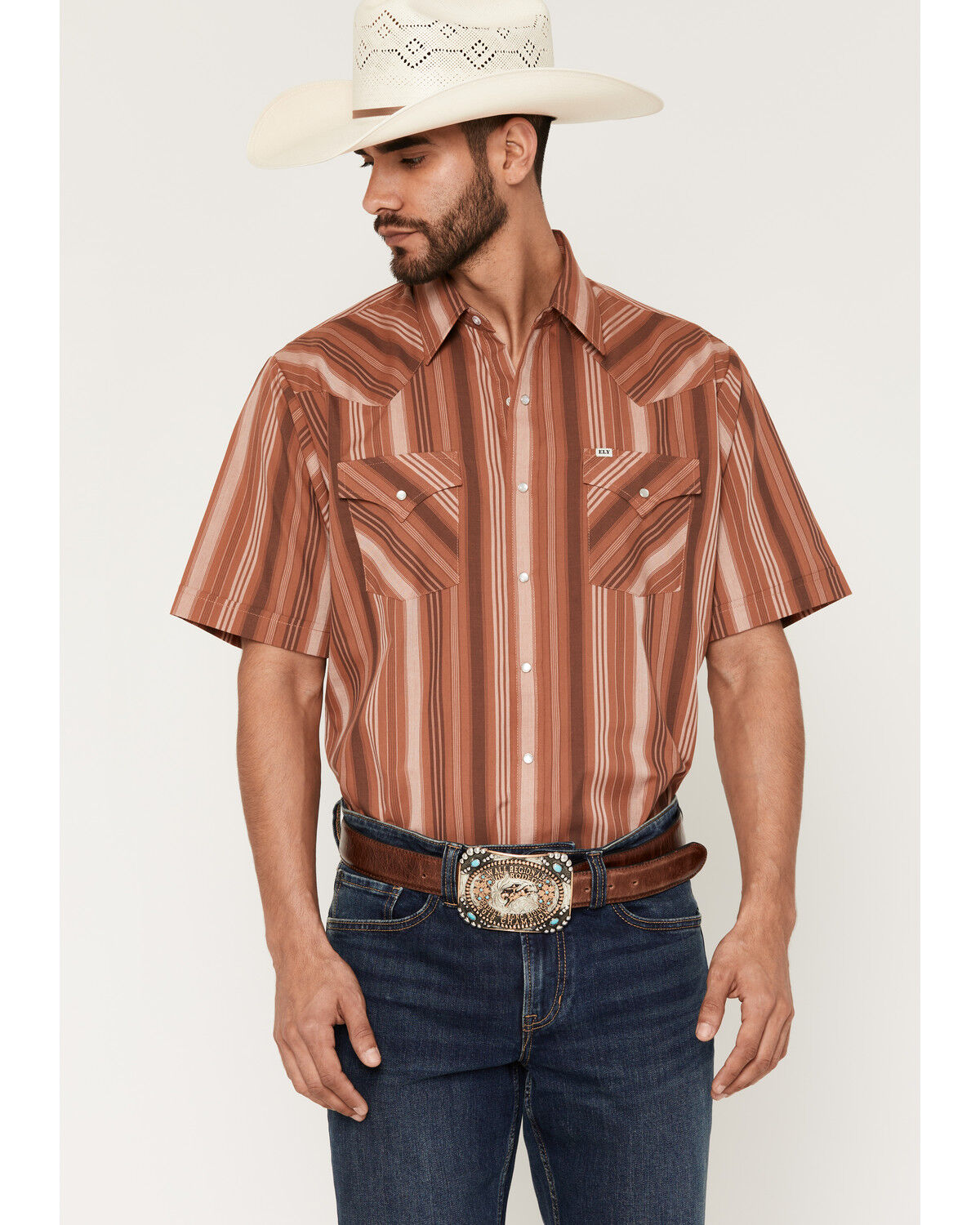 Ely Walker Men's Striped Short Sleeve Pearl Snap Western Shirt, Rust Copper, hi-res
