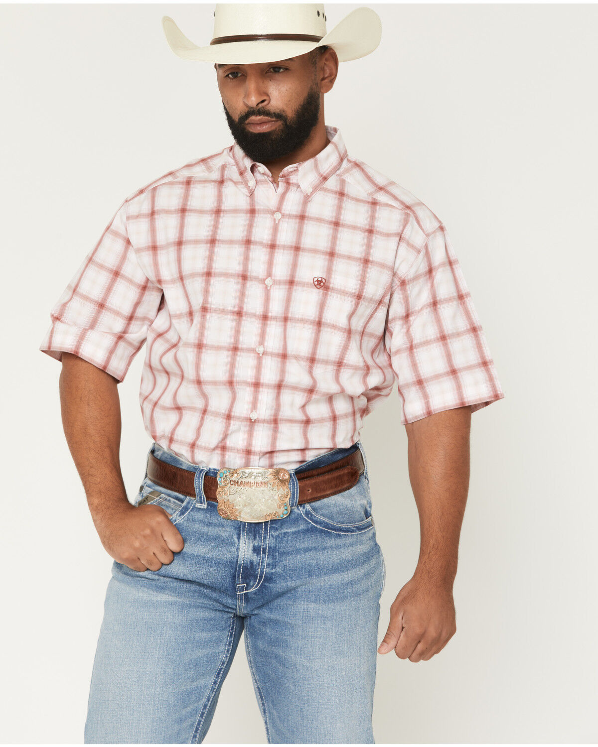Image #1 - Ariat Men's Pro Series Tilly Plaid Print Short Sleeve Button-Down Western Shirt, Pink, hi-res