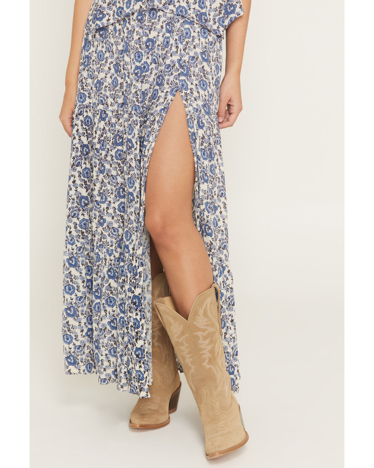 Image #2 - Angie Women's Floral Print Tiered Slit Midi Skirt, Blue, hi-res