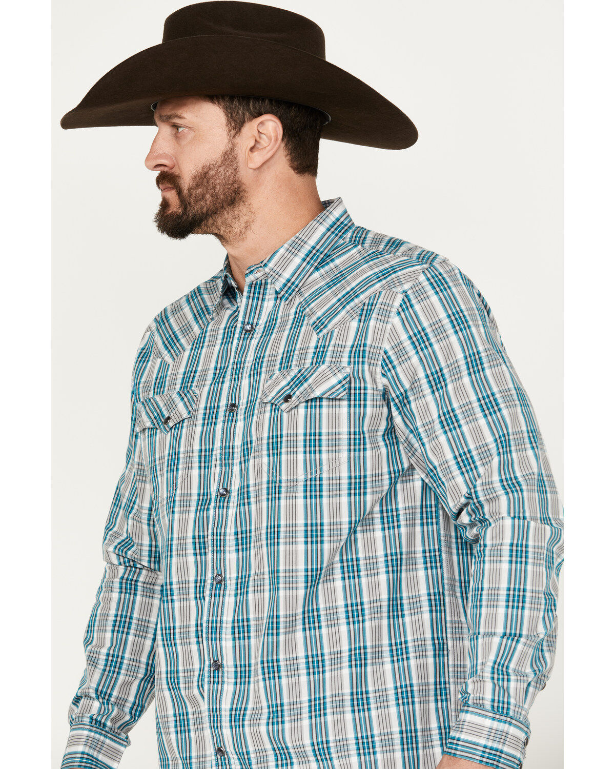 Image #2 - Moonshine Spirit&reg; Men's Agave Plaid Print Long Sleeve Western Snap Shirt, Grey, hi-res