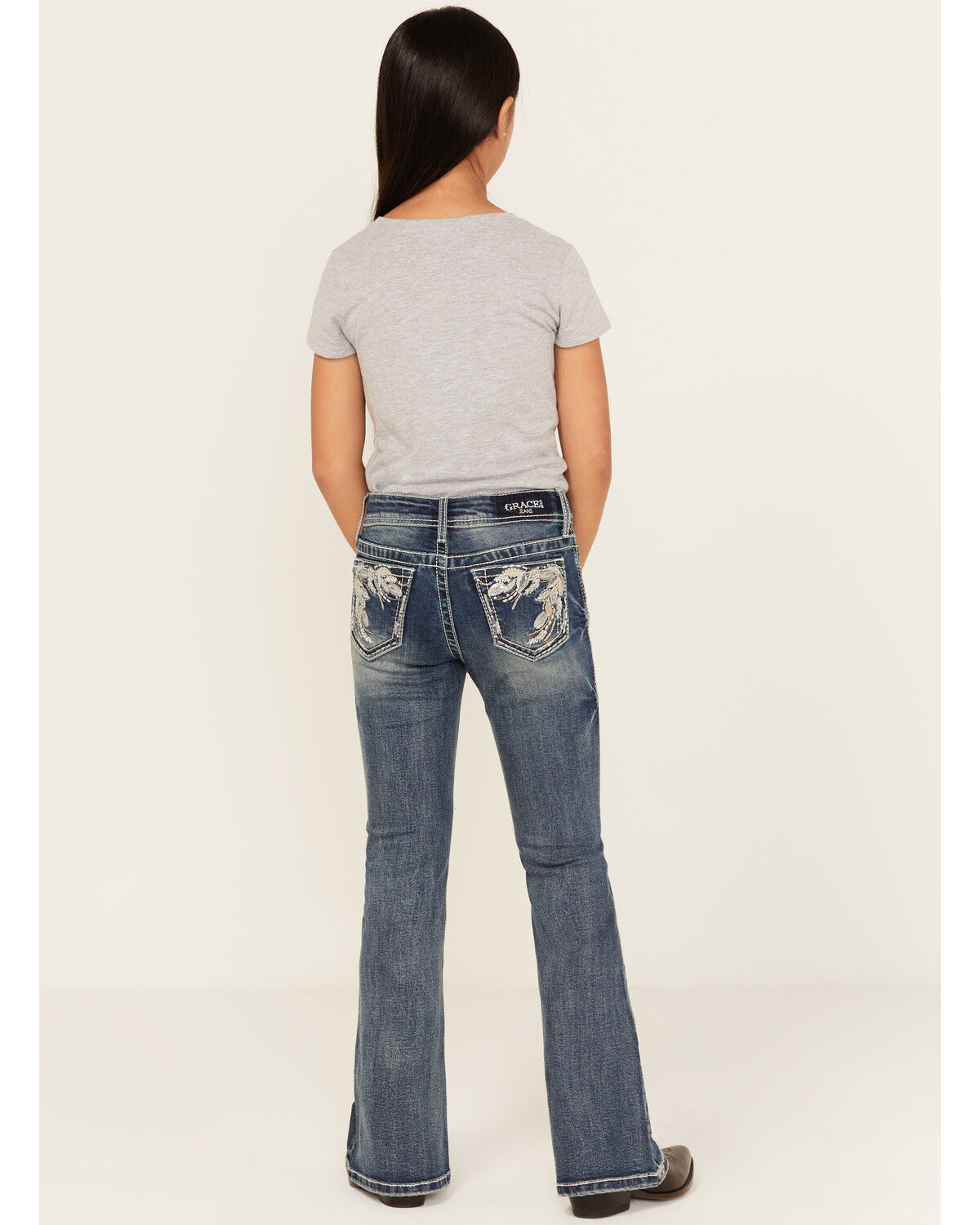 Grace In LA Girls' Leaf Embroidered Flare Stretch Denim Jeans, Blue, hi-res