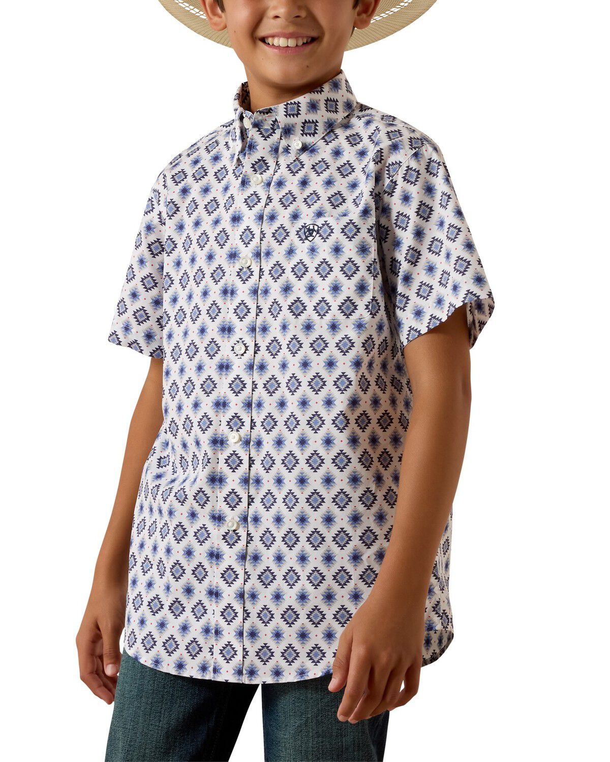 Image #1 - Ariat Boys' Southwestern Print Short Sleeve Button-Down Western Shirt, White, hi-res