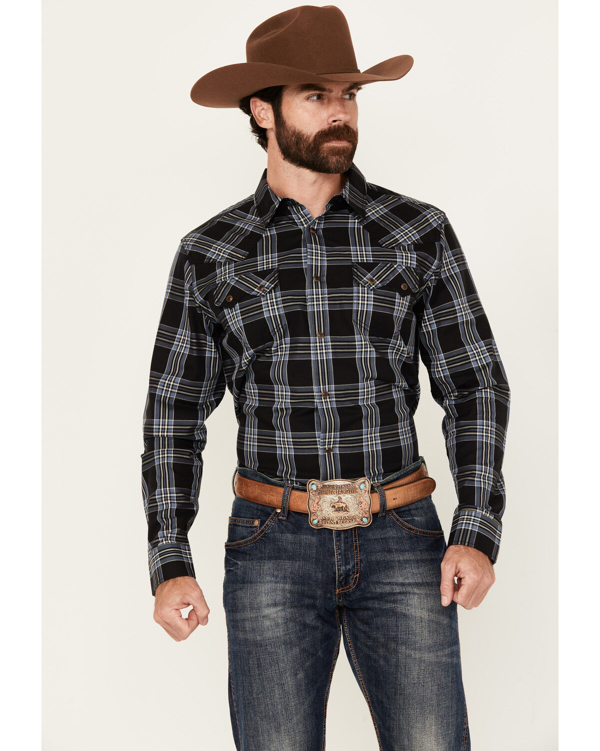 Image #1 - Cody James Men's Irving Plaid Print Long Sleeve Snap Western Shirt - Big, Navy, hi-res