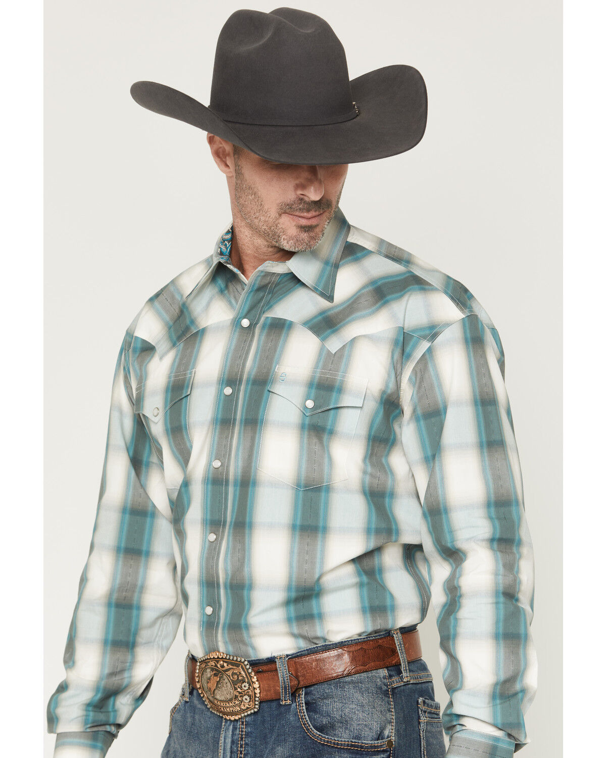 Image #2 - Stetson Men's Dobby Plaid Print Long Sleeve Snap Western Shirt, Blue, hi-res