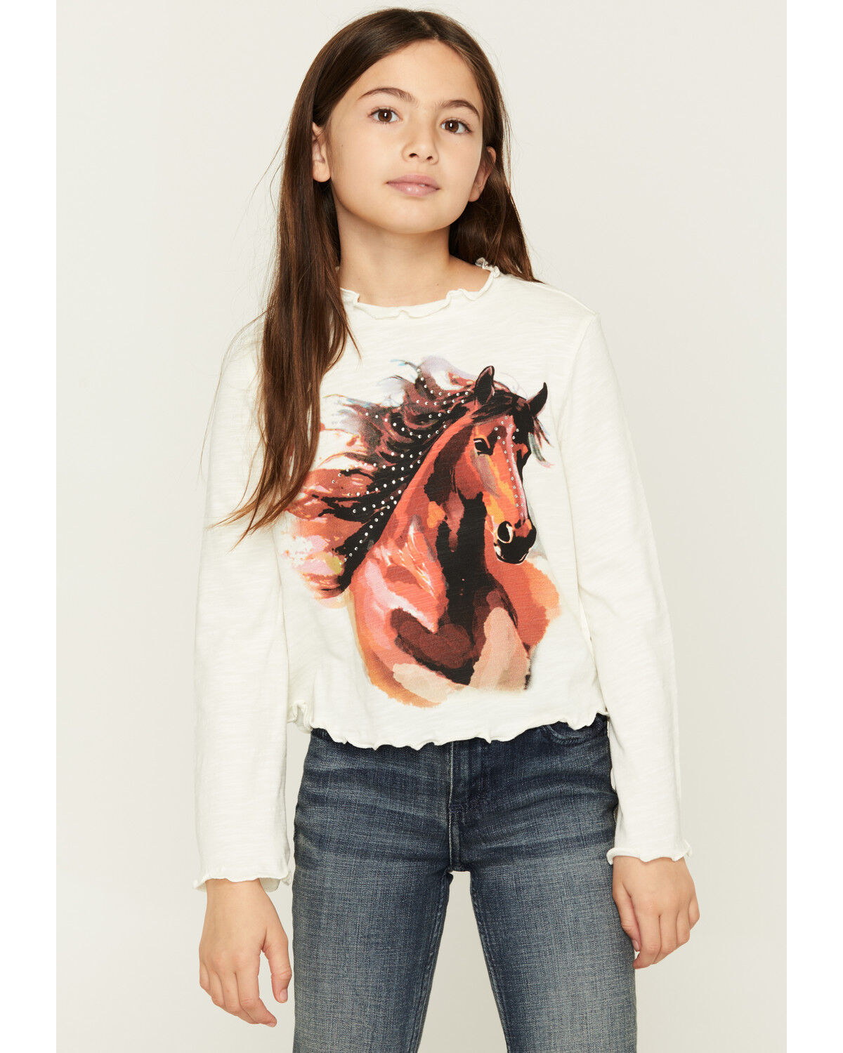 Image #1 - Shyanne Girls' Horse Print Long Bell Sleeve Shirt, Cream, hi-res