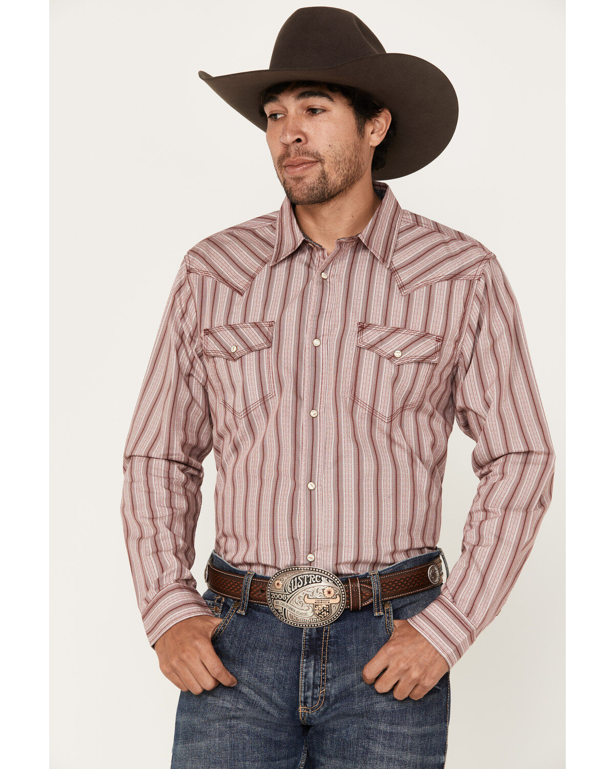 Image #1 - Moonshine Spirit&reg; Men's Red Canyon Striped Long Sleeve Pearl Snap Western Shirt, Burgundy, hi-res