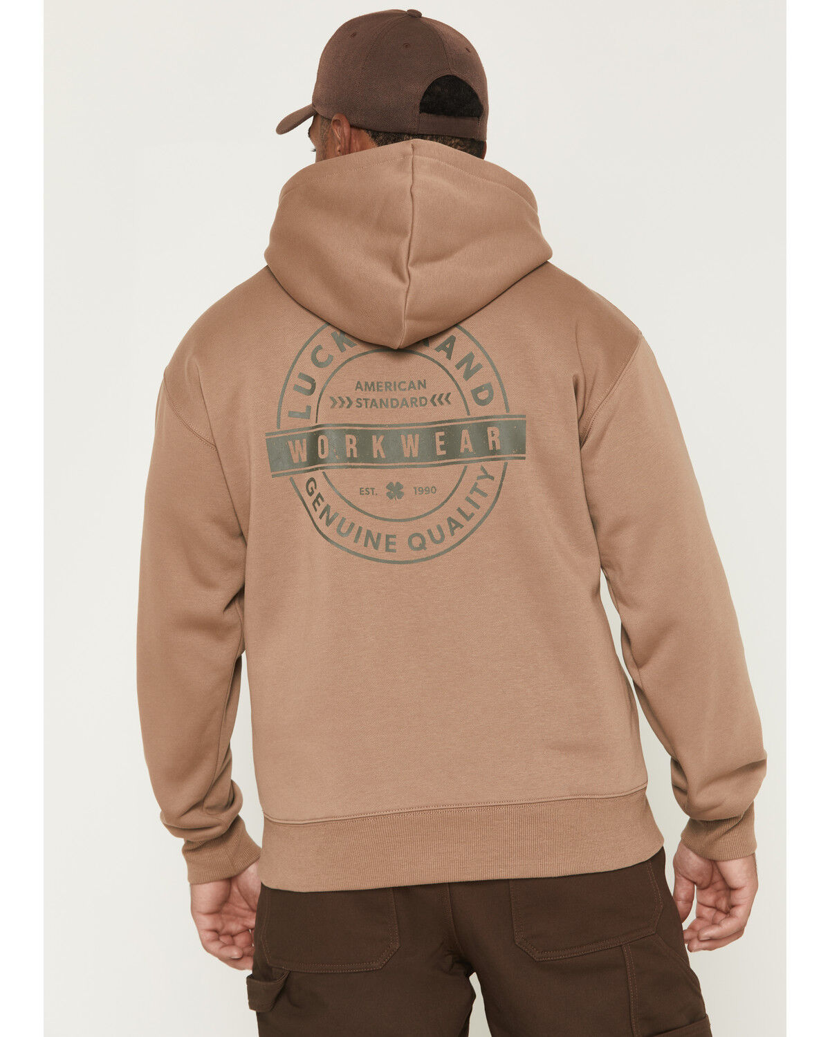 Image #2 - Lucky Brand Workwear Men's Logo Graphic Hooded Sweatshirt, Taupe, hi-res