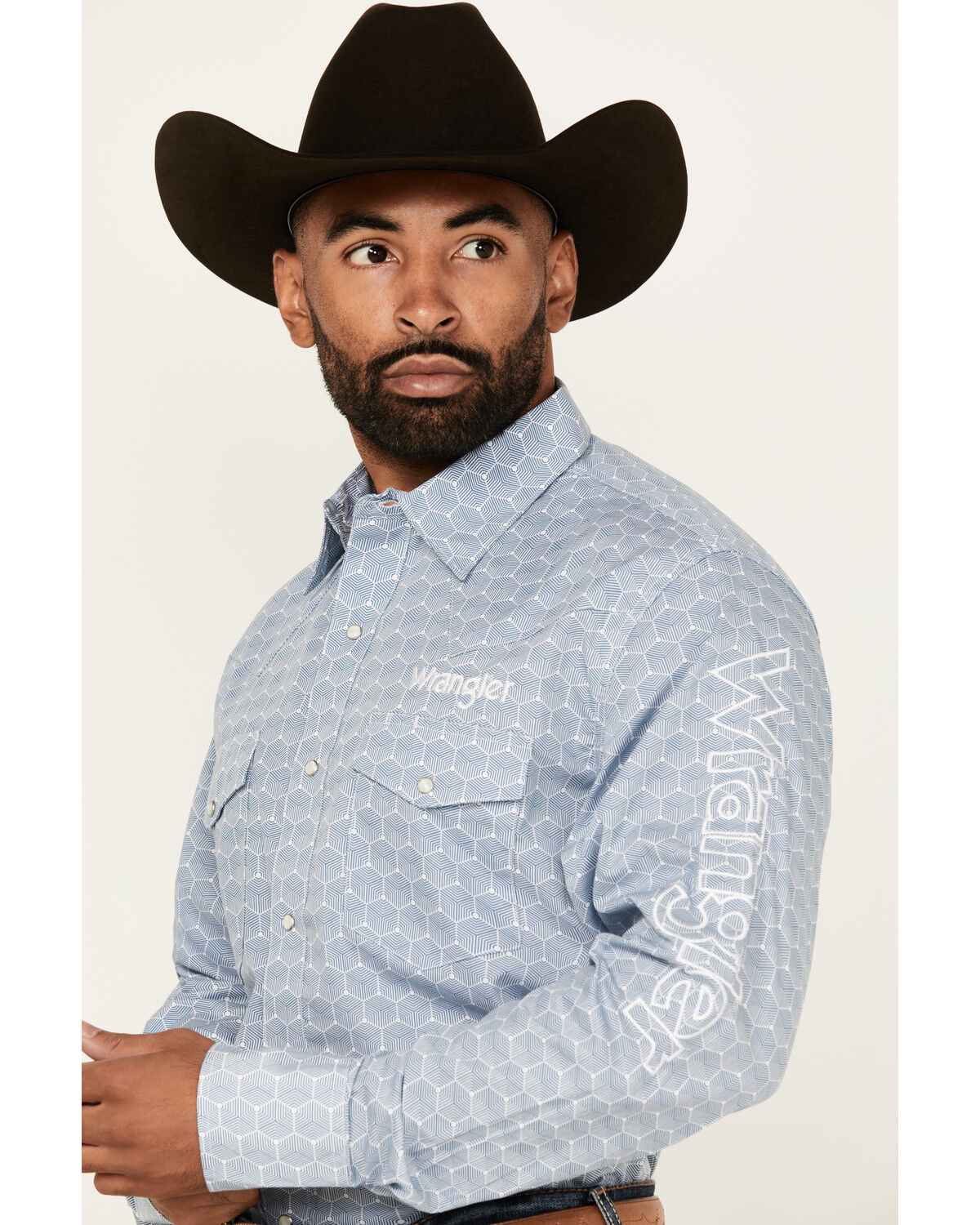 Image #2 - Wrangler Men's Geo Print Logo Long Sleeve Snap Western Shirt, Blue, hi-res