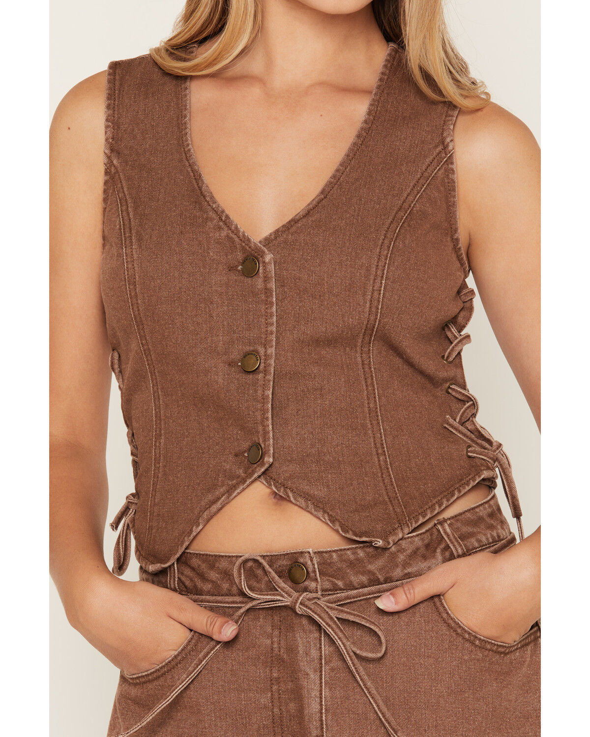 Image #3 - Ashley Women's Lace-Up Washed Denim Vest, Lt Brown, hi-res