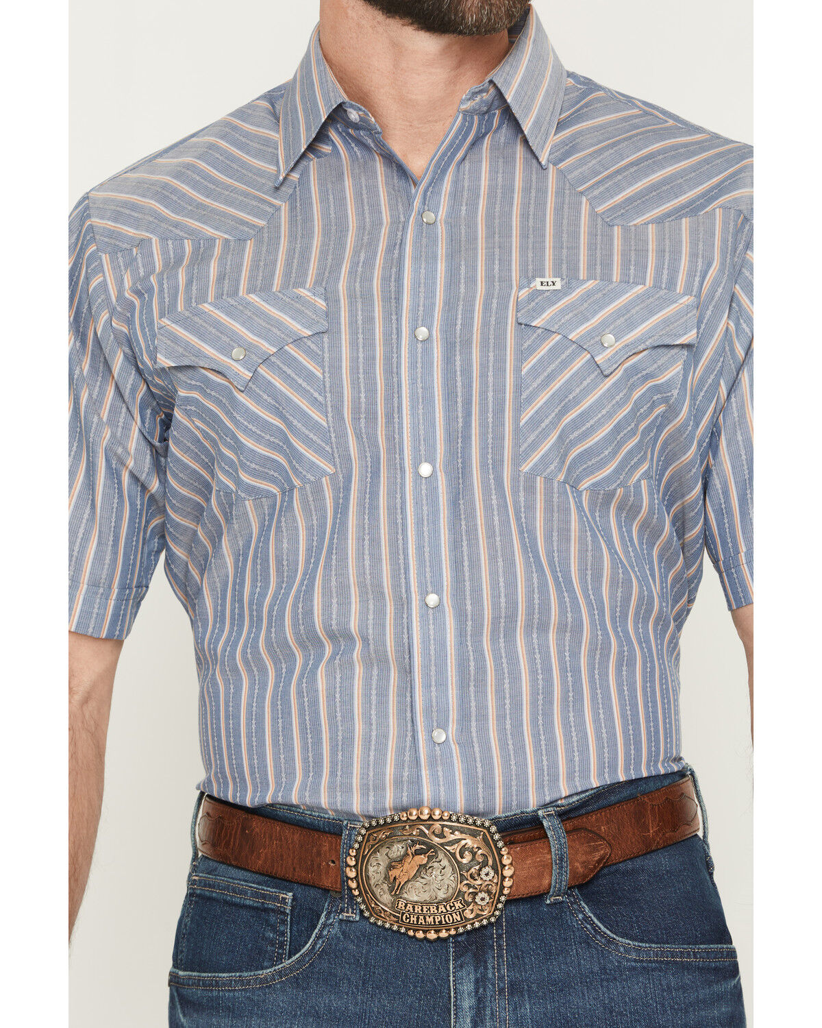 Image #3 - Ely Walker Men's Barbed Wire Striped Short Sleeve Pearl Snap Western Shirt, Blue, hi-res