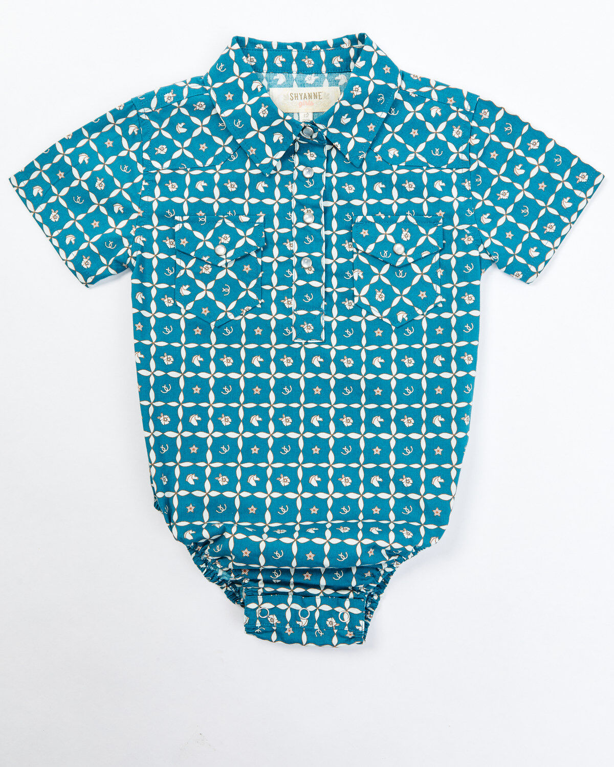 Shyanne Infant Girls' Rodeo Print Short Sleeve Pearl Snap Onesie, Teal, hi-res