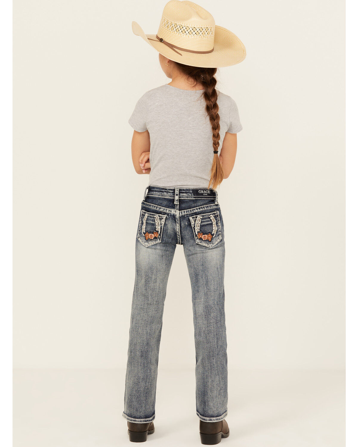 Grace in LA Little Girls' Light Wash Horseshoe Floral Bootcut Denim Jeans, Medium Wash, hi-res