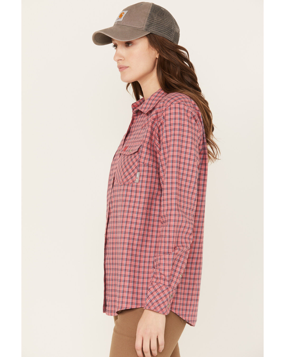 Image #2 - Ariat Women's Fire Resistant Plaid Print Long Sleeve Button-Down Work Shirt, Dark Pink, hi-res