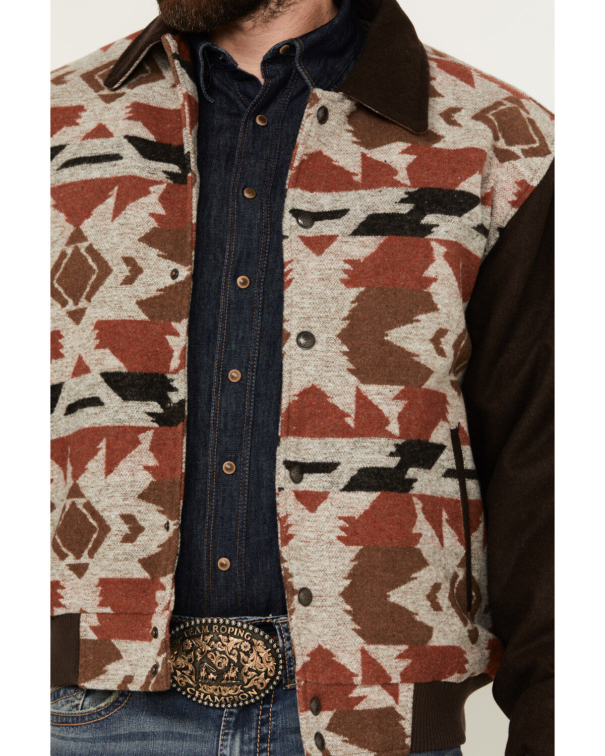 Image #3 - Cripple Creek Men's Brown Navajo Blanket Print Snap-Front Bomber Jacket, Brown, hi-res
