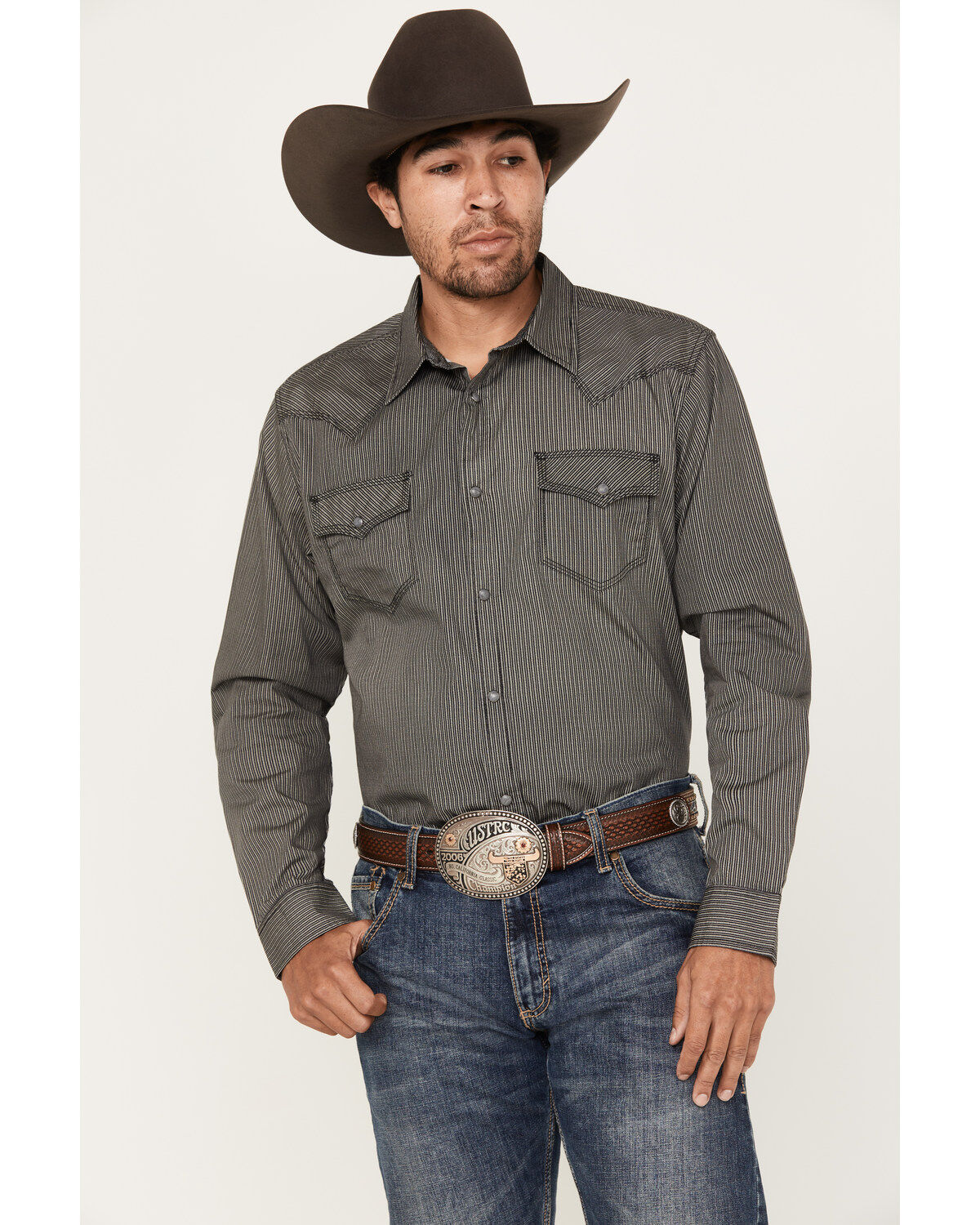 Image #1 - Moonshine Spirit&reg; Men's Country Night Striped Long Sleeve Western Snap Shirt, Navy, hi-res