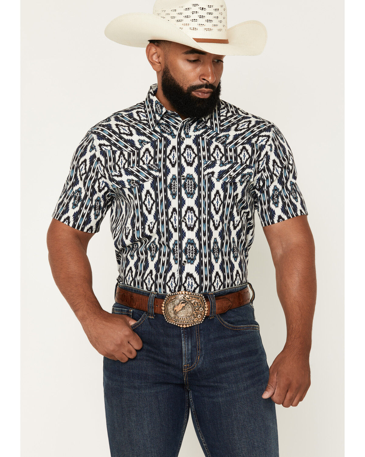 RANK 45&reg; Men's Rodeo Tech 2.0 8 Seconds Southwestern Print Short Sleeve Snap Stretch Performance Shirt, Blue, hi-res