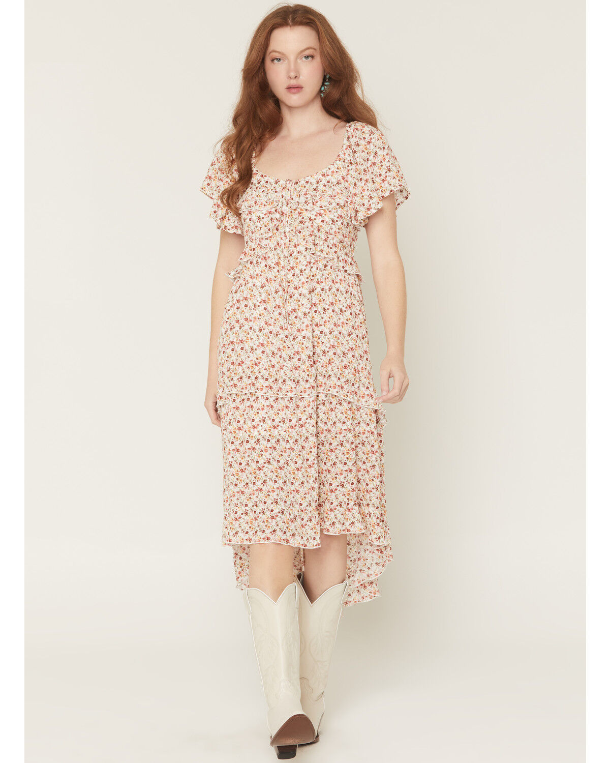 Image #1 - Wild Moss Women's Floral Print Ruffle Tiered High-Low Midi Dress, Multi, hi-res