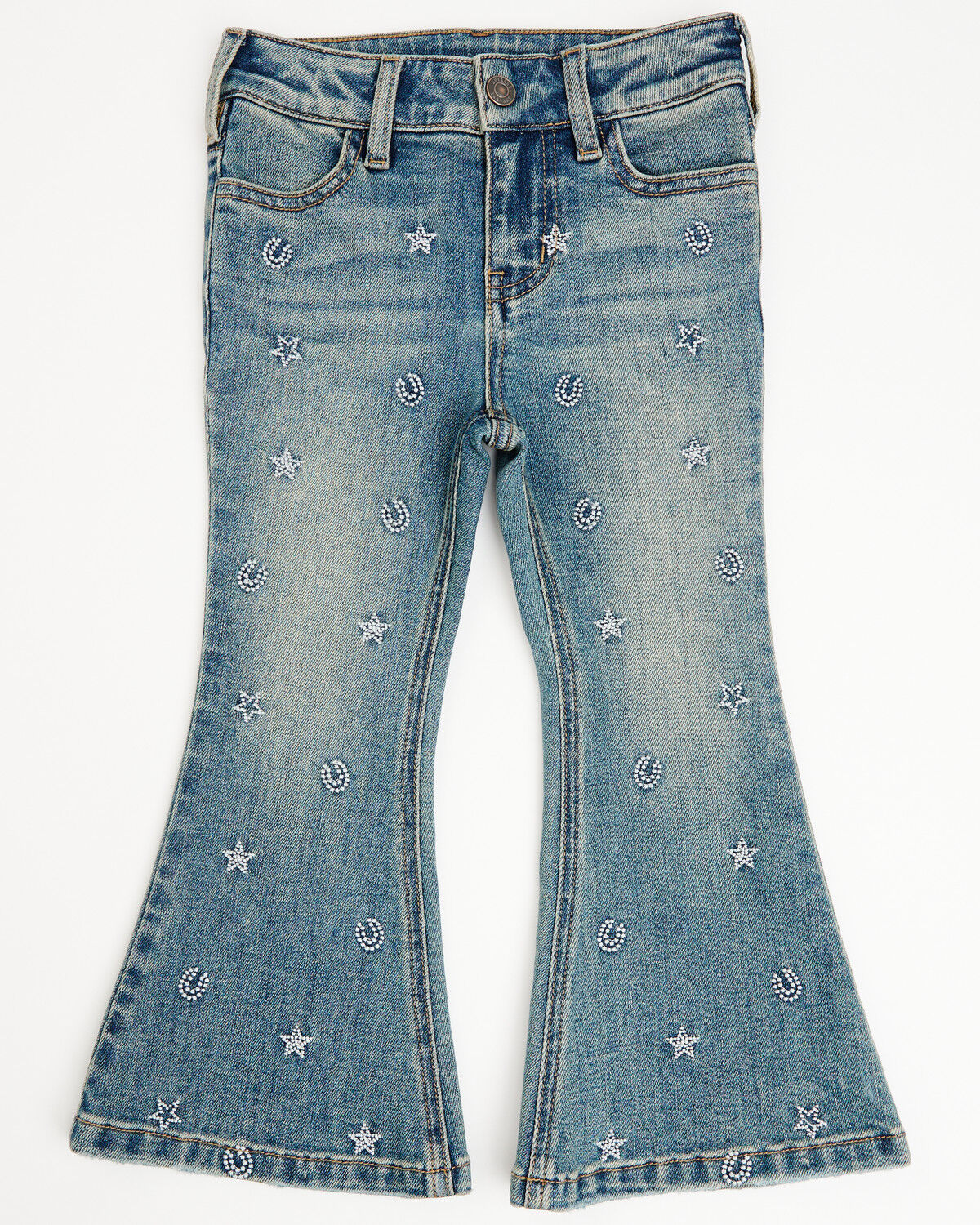 Image #1 - Shyanne Toddler Girls' Amber Dark Wash Embroidered Lacey Flare Stretch Denim Jeans, Dark Wash, hi-res