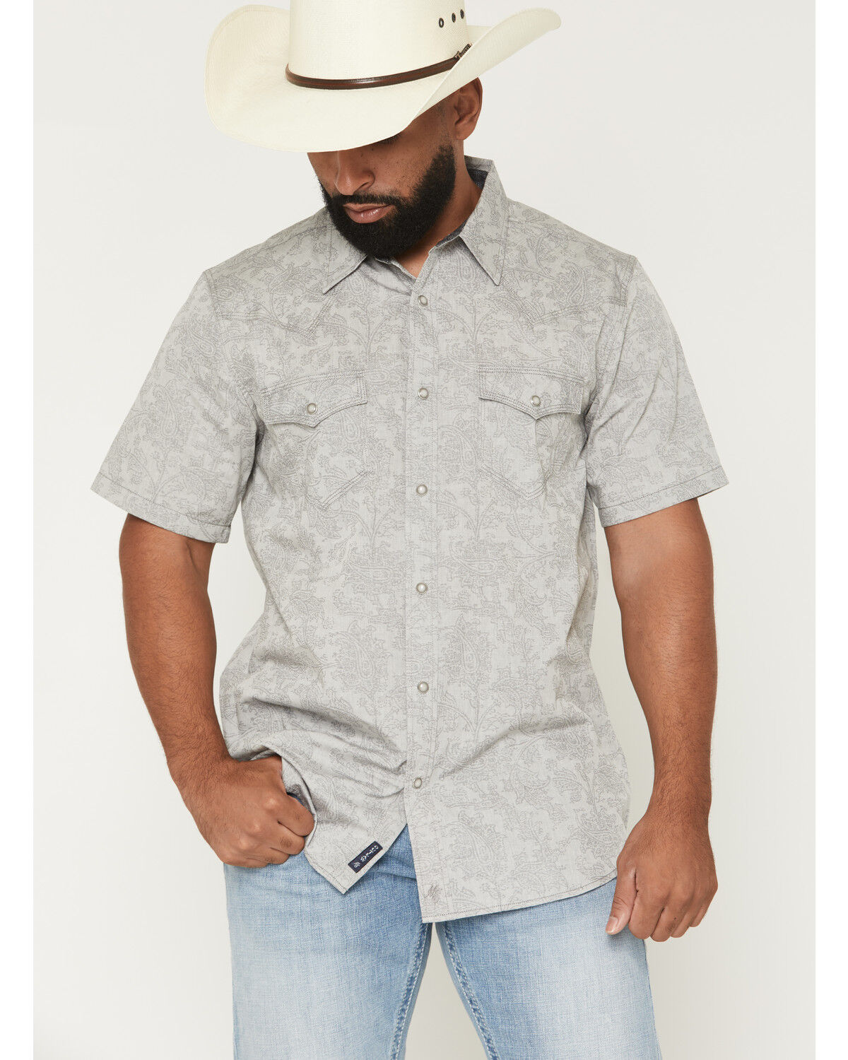Image #1 - Moonshine Spirit&reg; Men's Silver Strand Paisley Print Short Sleeve Snap Western Shirt, Silver, hi-res