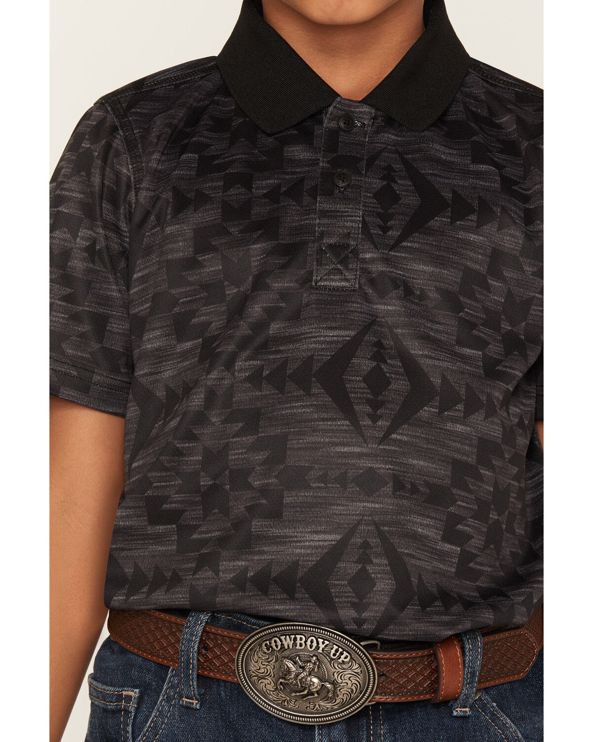 Image #3 - RANK 45&reg; Boys' Tonal Southwestern Print Short Sleeve Polo, Charcoal, hi-res