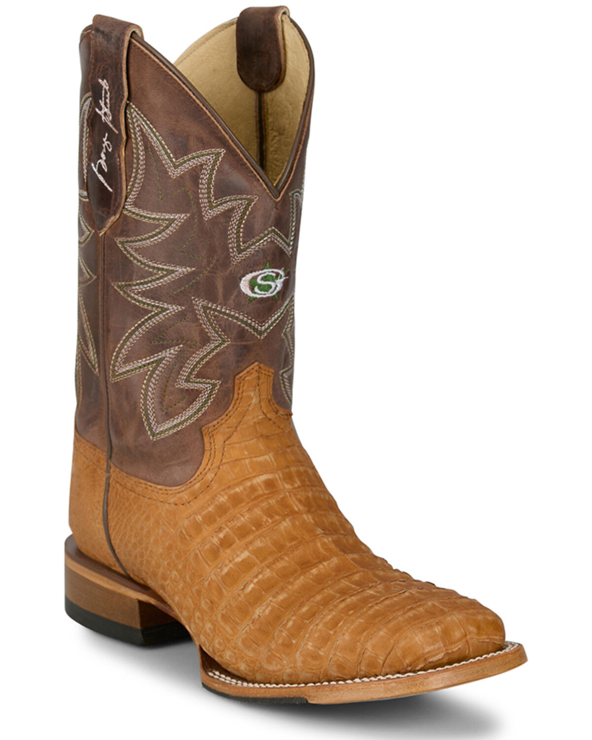 Justin Men's San Antone Exotic Caiman Western Boots - Broad Square Toe, Brown, hi-res