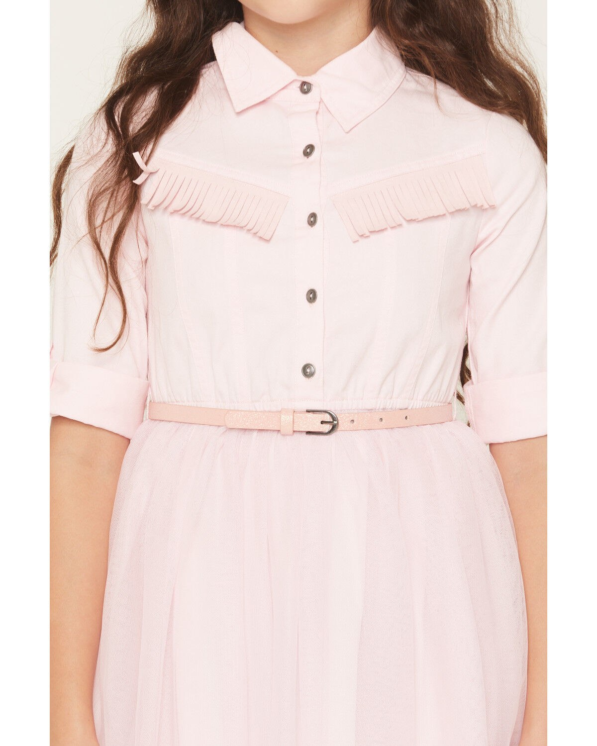 Image #3 - Sugar California Girls' Fringe Long Sleeve Button-Down Denim Tutu Dress, Blush, hi-res