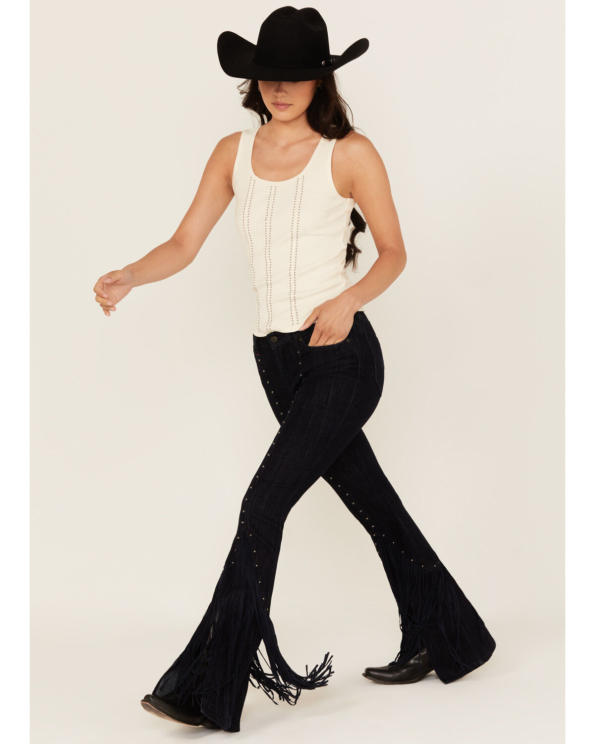 Image #1 - Idyllwind Women's Outlaw High Rise Studded Fringe Super Stretch Flare Jeans, Dark Wash, hi-res