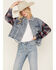 Image #1 - Miss Me Women's Medium Wash Denim Plaid Crochet Back Cropped Jacket , Medium Wash, hi-res