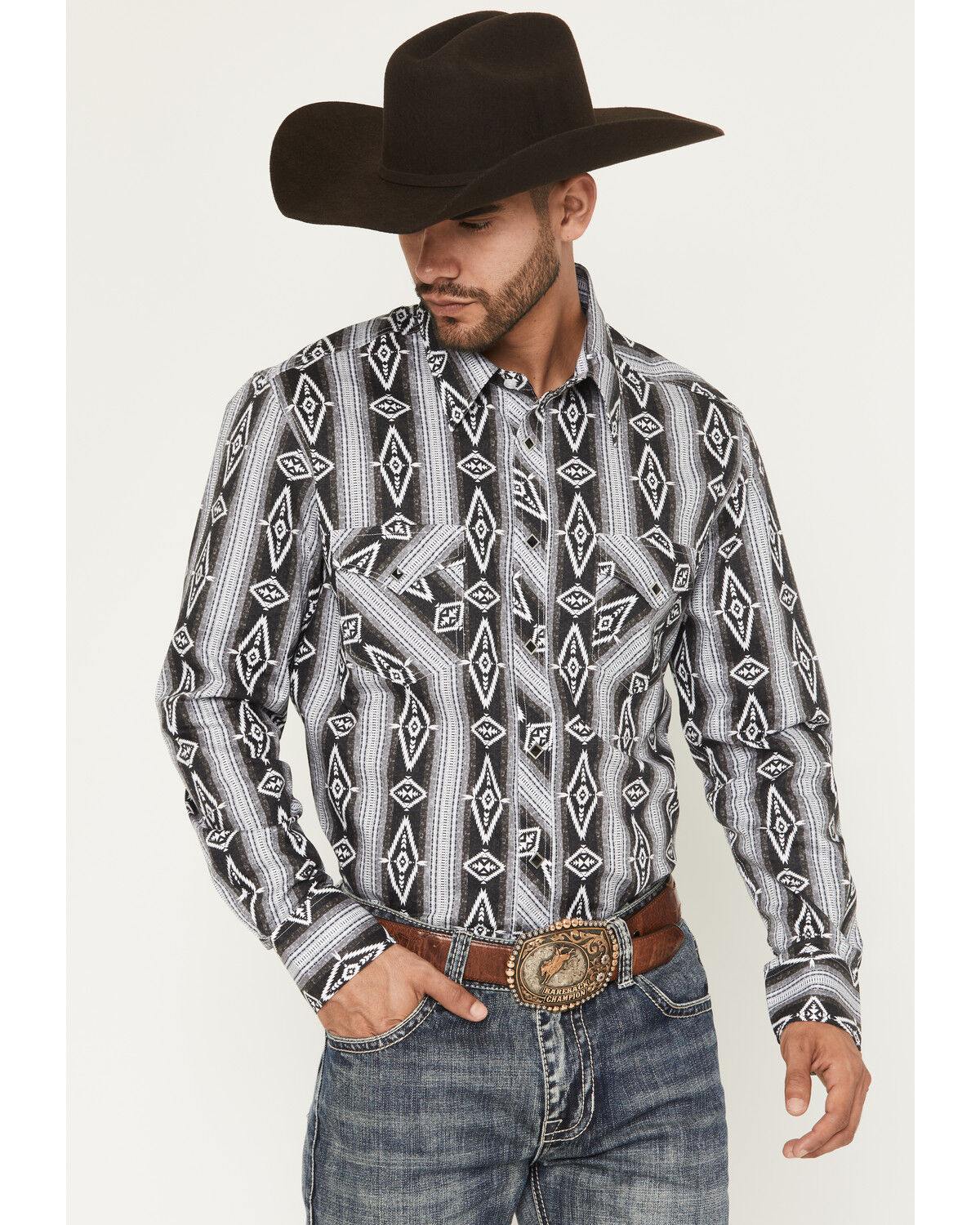 Rock & Roll Denim Men's Southwestern Print Long Snap Stretch Western Shirt, Black, hi-res