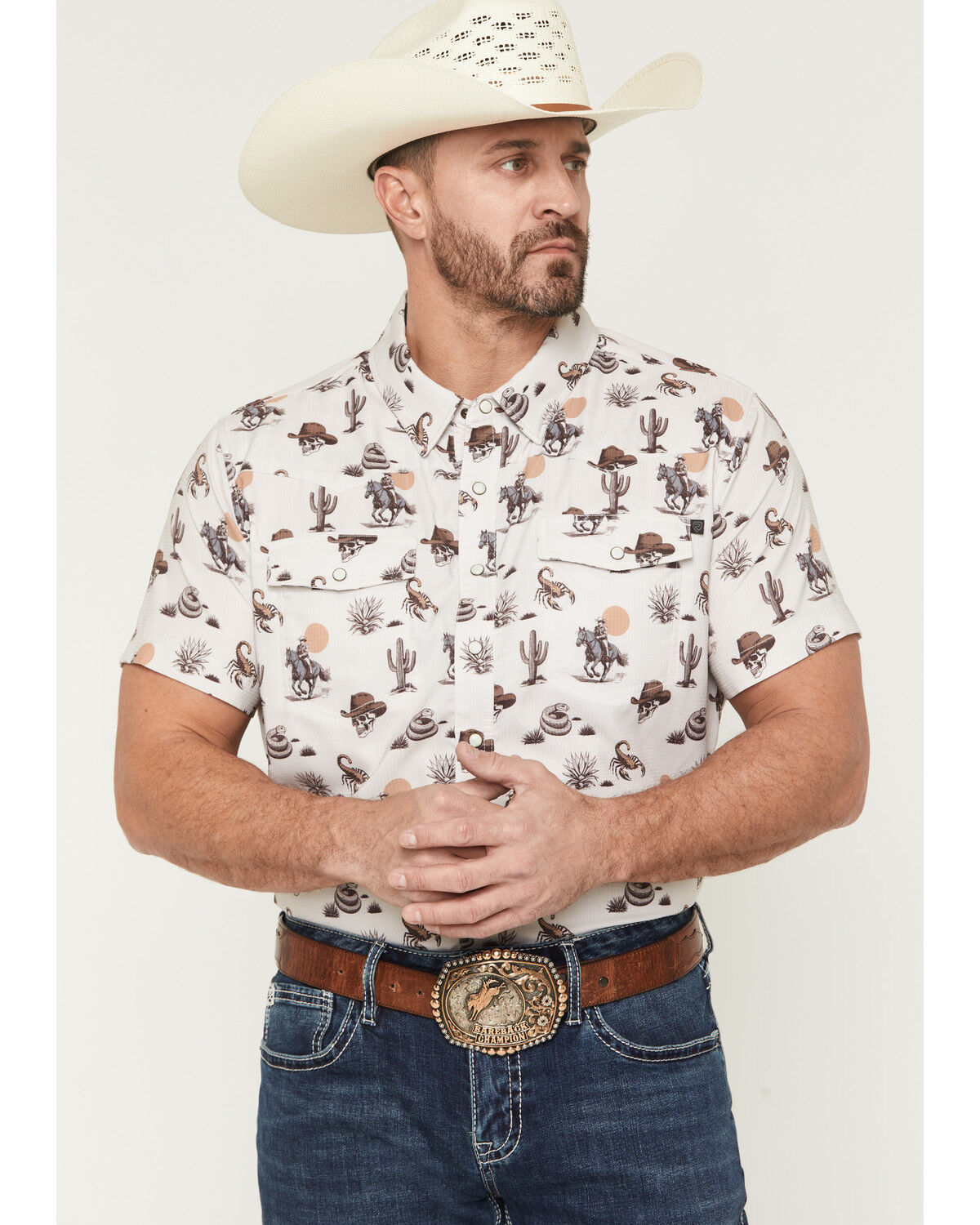 Image #1 - Rock & Roll Denim Men's Desert Novelty Short Sleeve Snap Stretch Western Shirt, Natural, hi-res