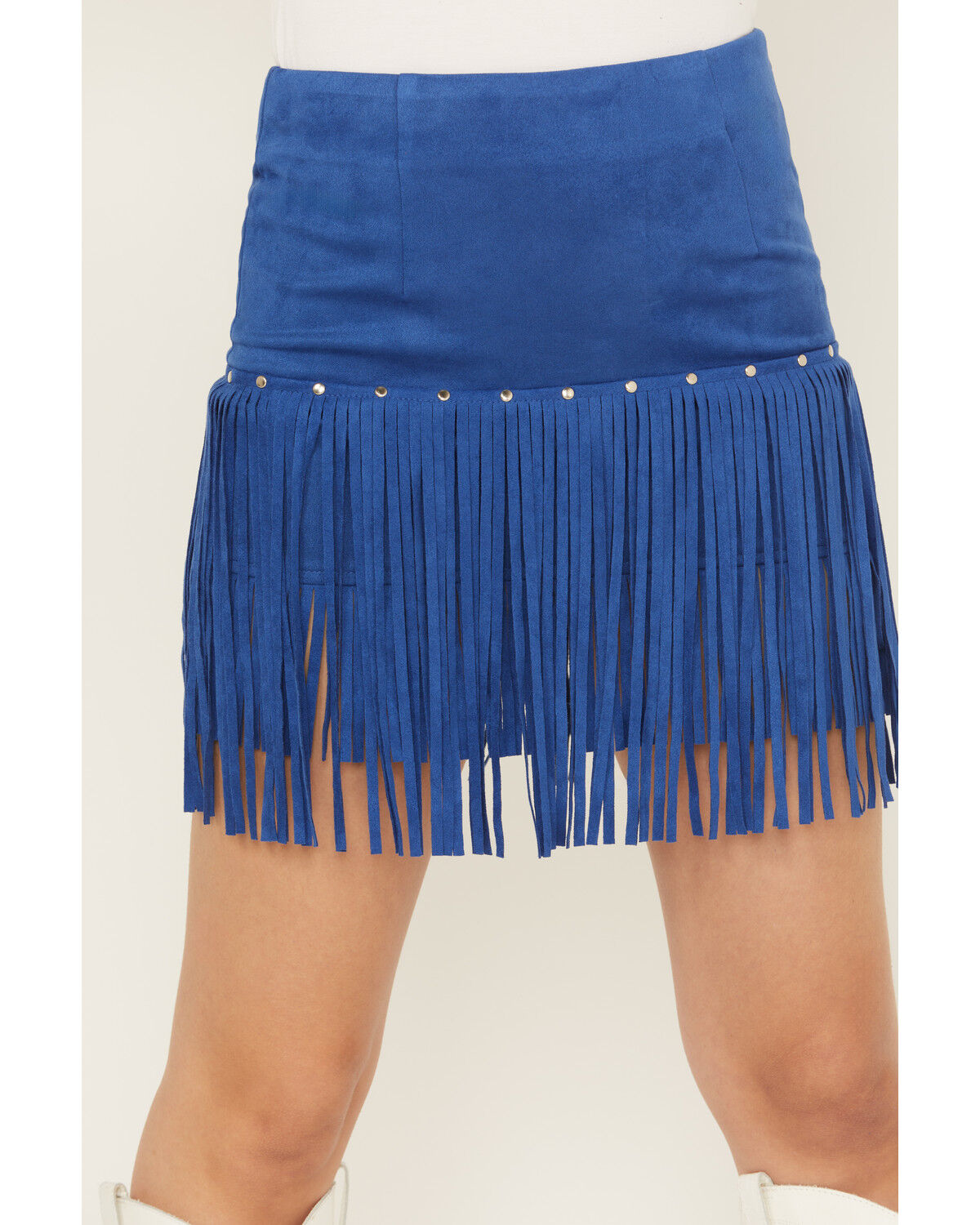 Image #2 - Fornia Women's Faux Suede Fringe and Studded Mini Skirt, Blue, hi-res