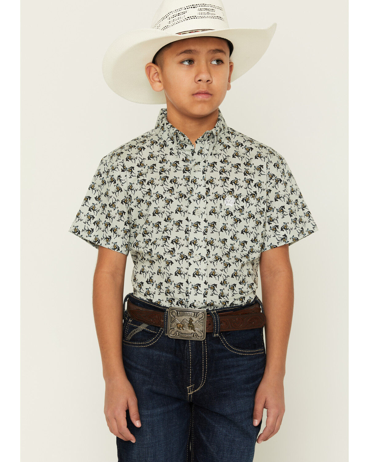 Cinch Boys' Horse Print Short Sleeve Button-Down Western Shirt, Grey, hi-res