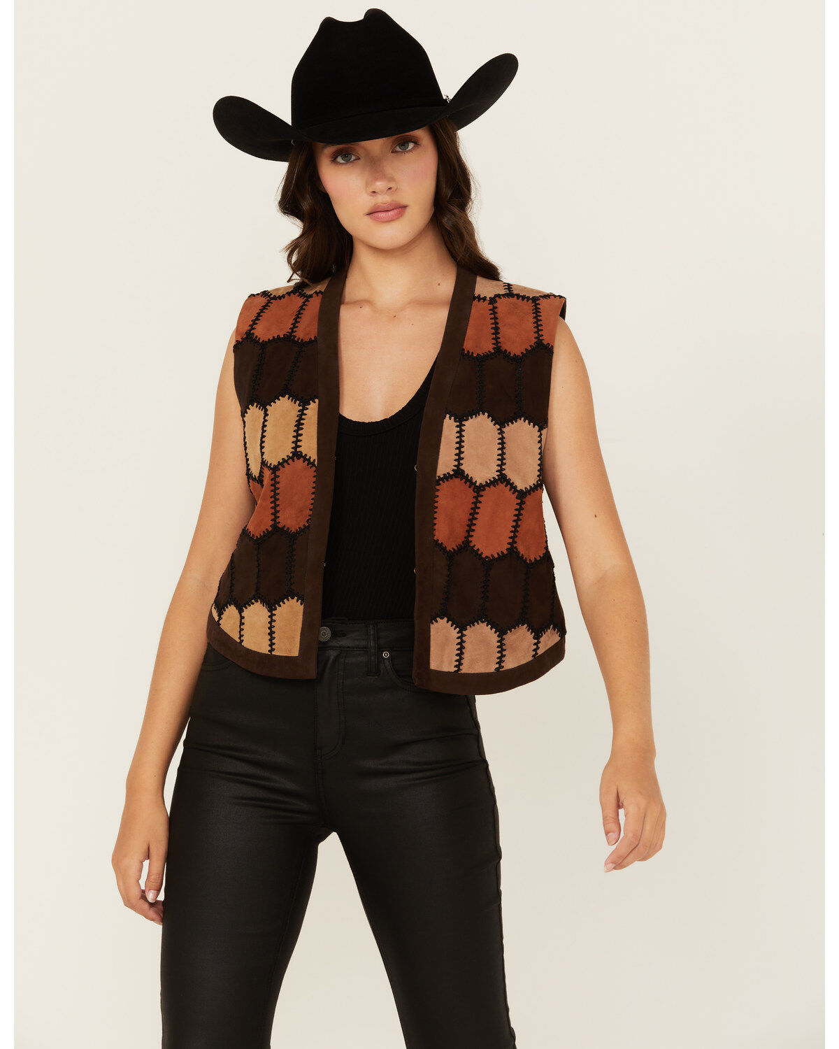 Image #1 - Scully Women's Geo Print Leather Vest, Brown, hi-res
