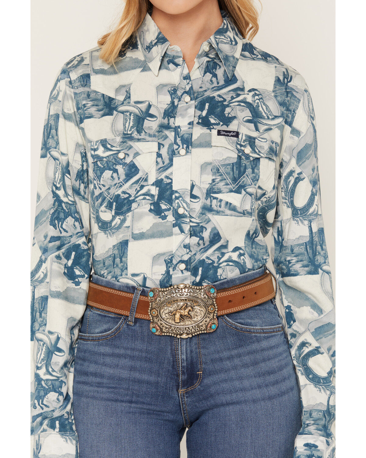 Image #3 - Wrangler Retro Women's Western Conversational Print Long Sleeve Snap Western Shirt, Blue, hi-res