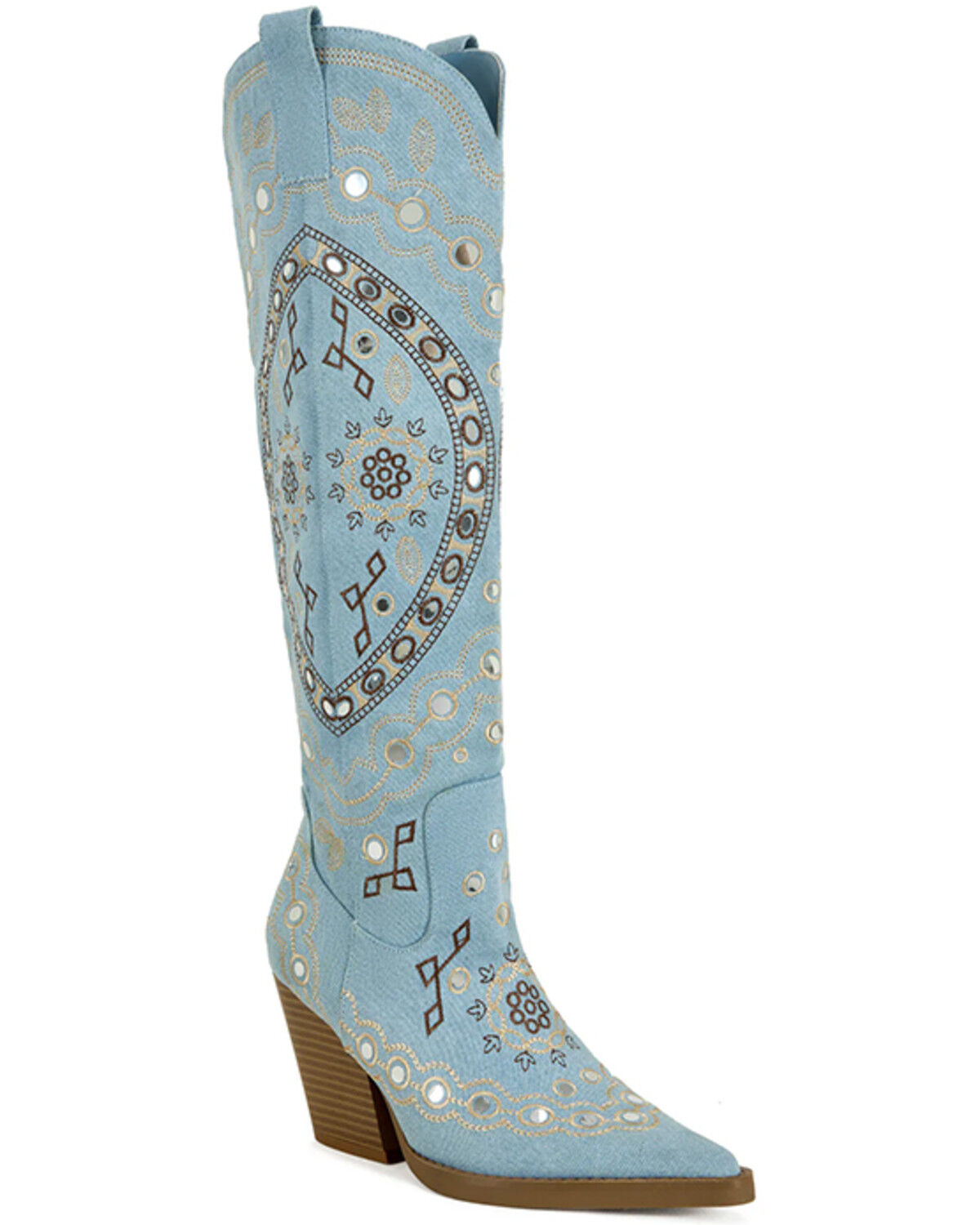 Image #1 - Azalea Wang Women's Aamina Embellished Denim Tall Western Boots - Round Toe, Blue, hi-res