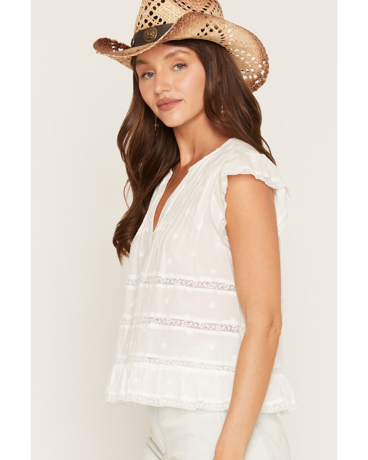 Image #2 - Lovestitch Women's Solid Pleated Lace Short Sleeve Shirt, White, hi-res