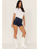 Image #1 - Shyanne Women's Dark Wash High Rise Retro Stripe Shorts, Dark Wash, hi-res