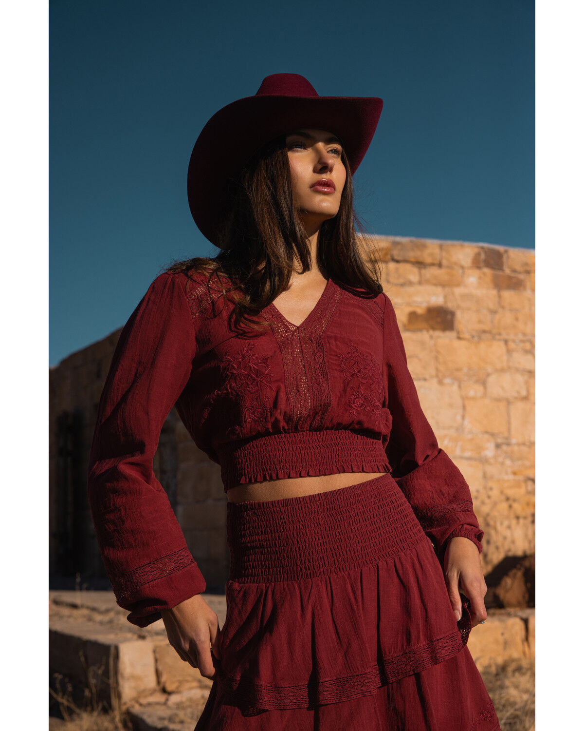 Image #2 - Shyanne Women's Embroidered Smocked Long Sleeve Shirt, Burgundy, hi-res