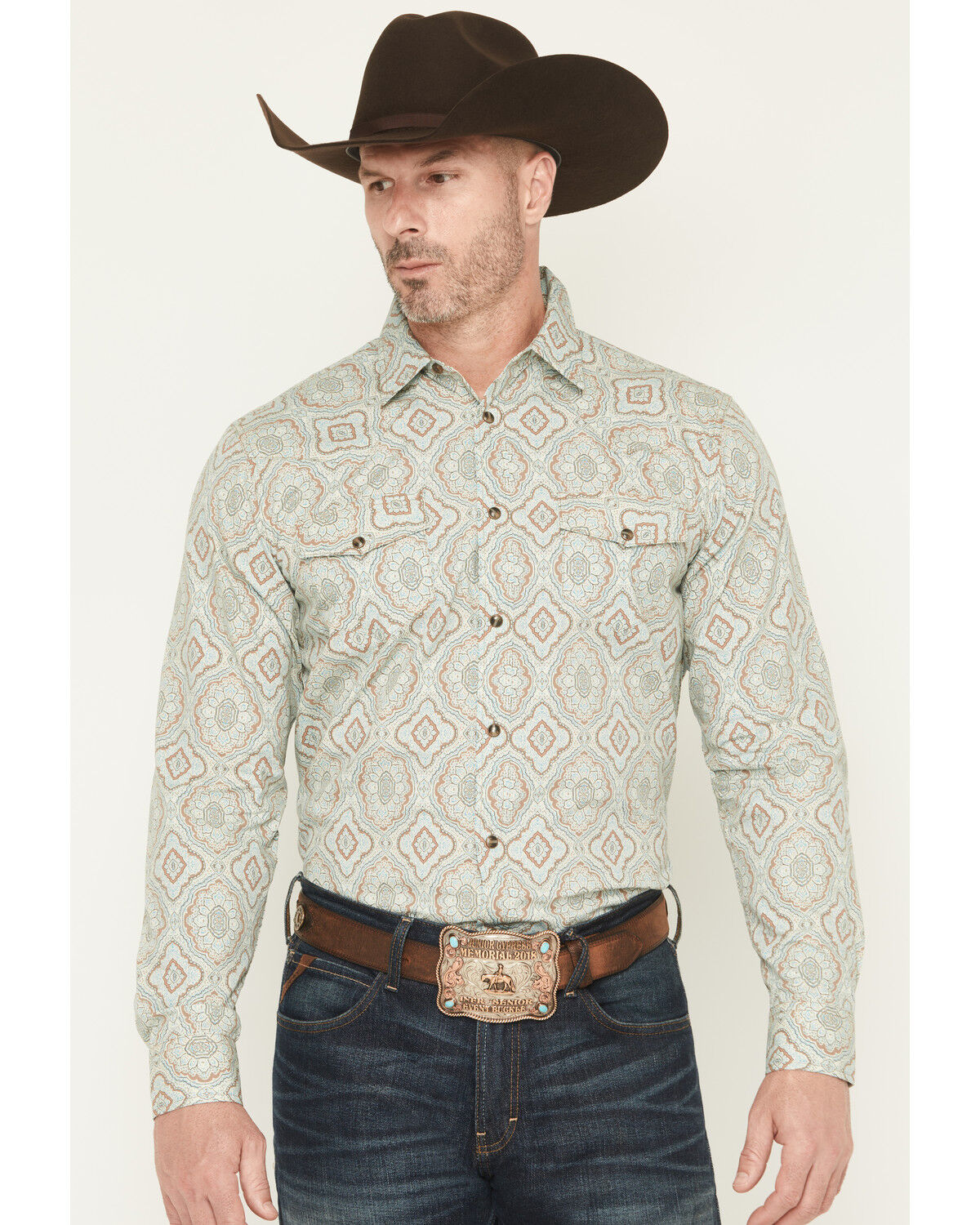 Image #1 - Gibson Trading Co Men's Garfunkle Medallion Print Long Sleeve Snap Stretch Western Shirt, Mint, hi-res
