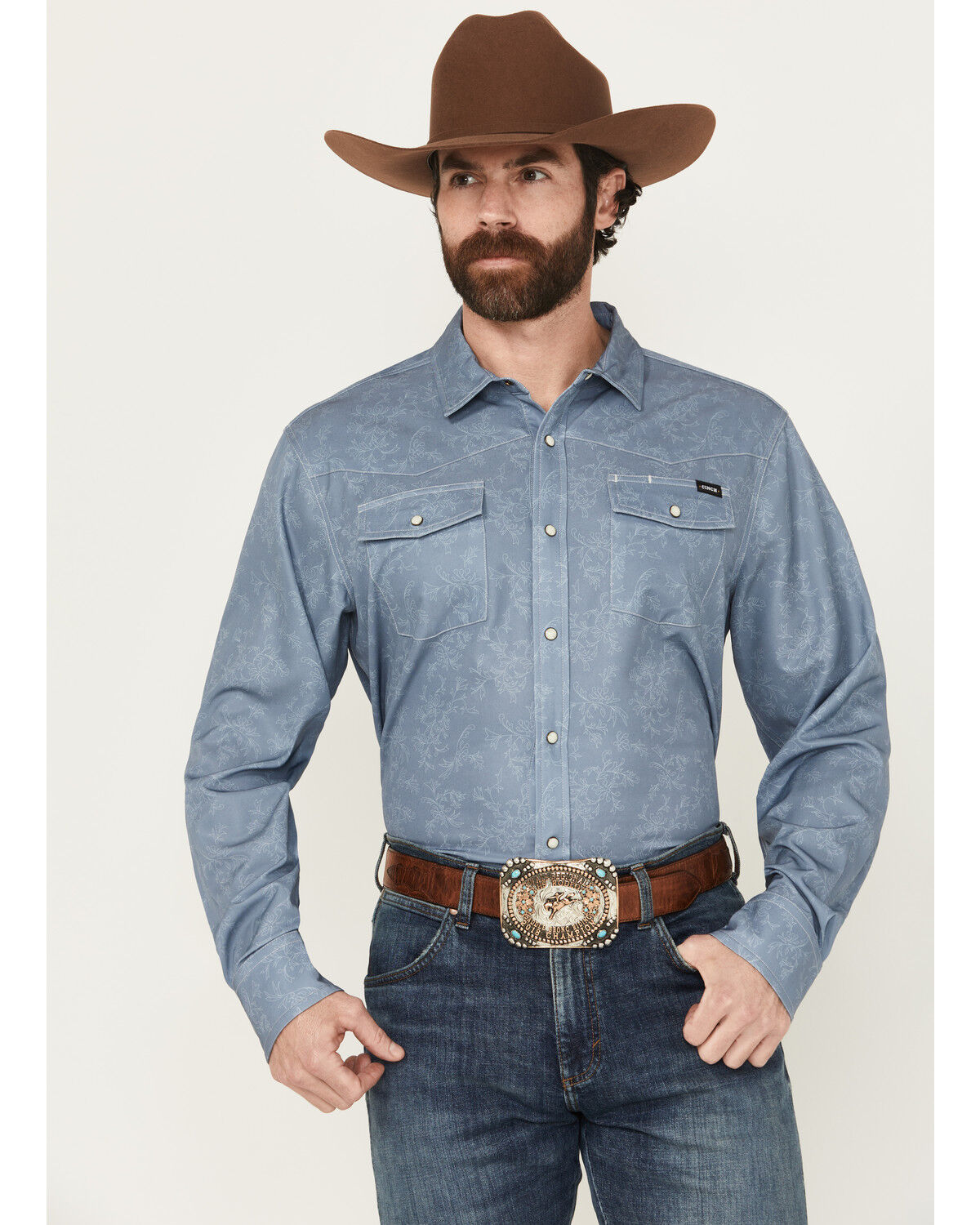 Cinch Men's Tonal Floral Arenaflex Long Sleeve Snap Performance Western Shirt, Blue, hi-res