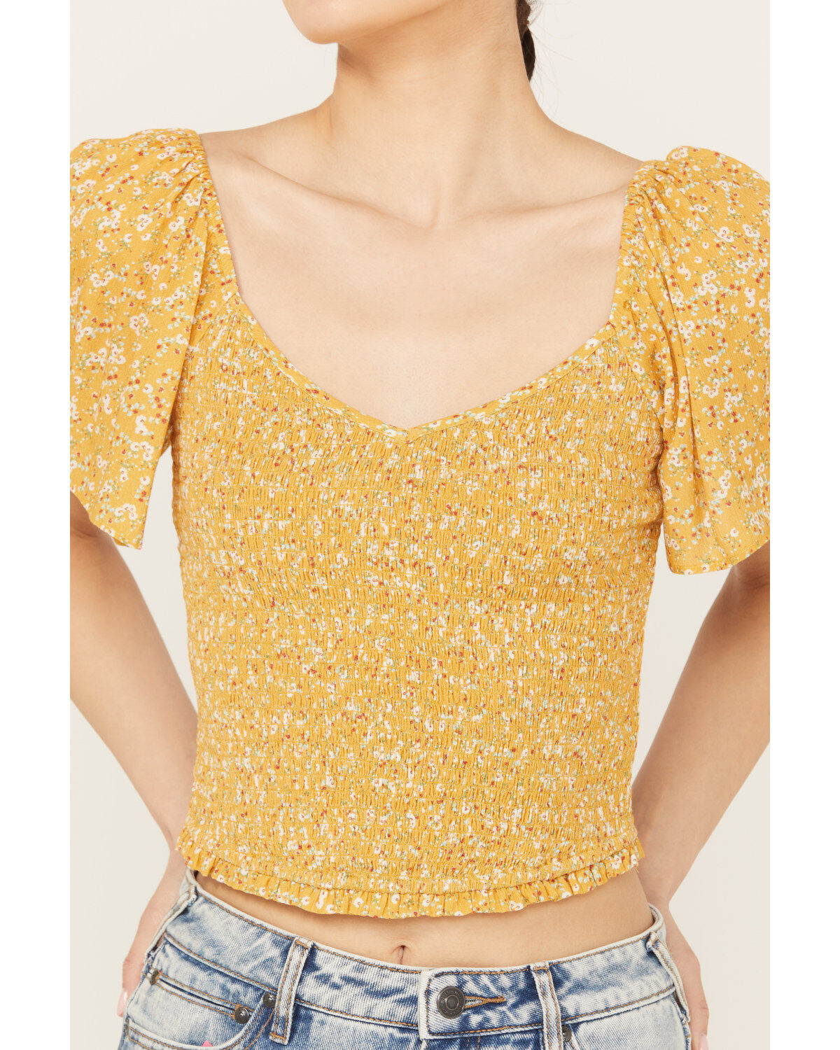 Image #3 - Beyond The Radar Women's Floral Printed Smocked Top, Mustard, hi-res