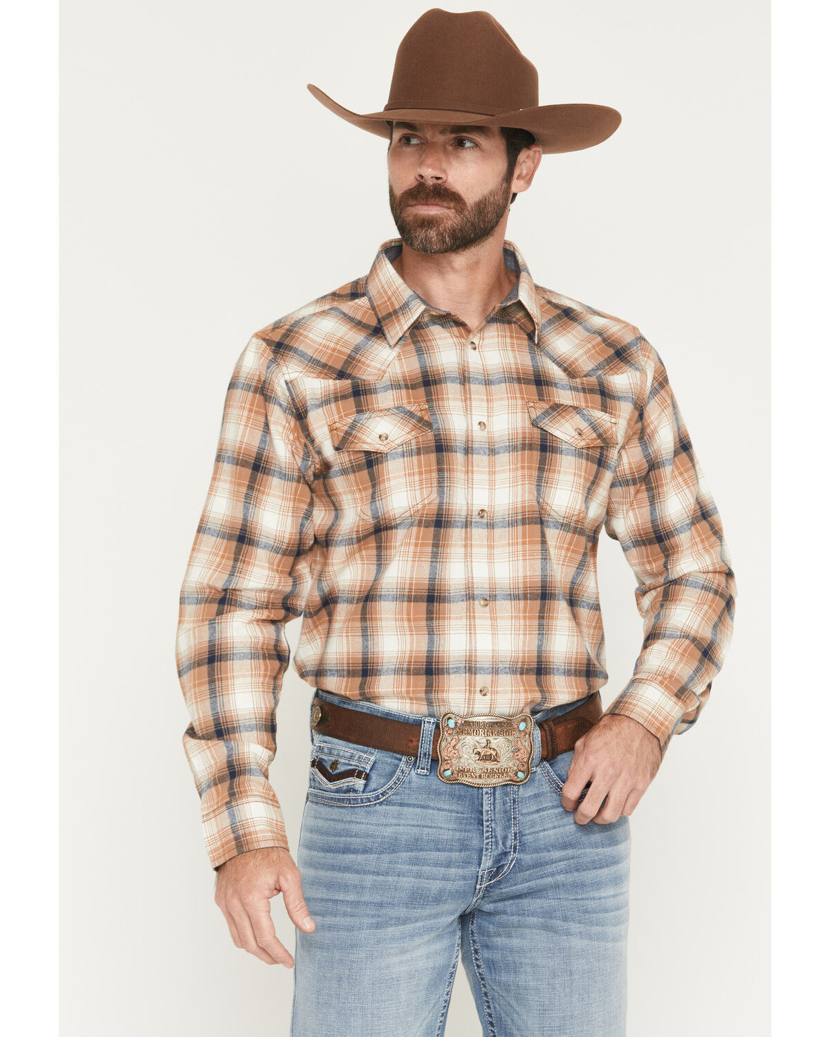 Image #1 - Cody James Men's Bravo Plaid Print Long Sleeve Snap Flannel Shirt - Tall, Tan, hi-res