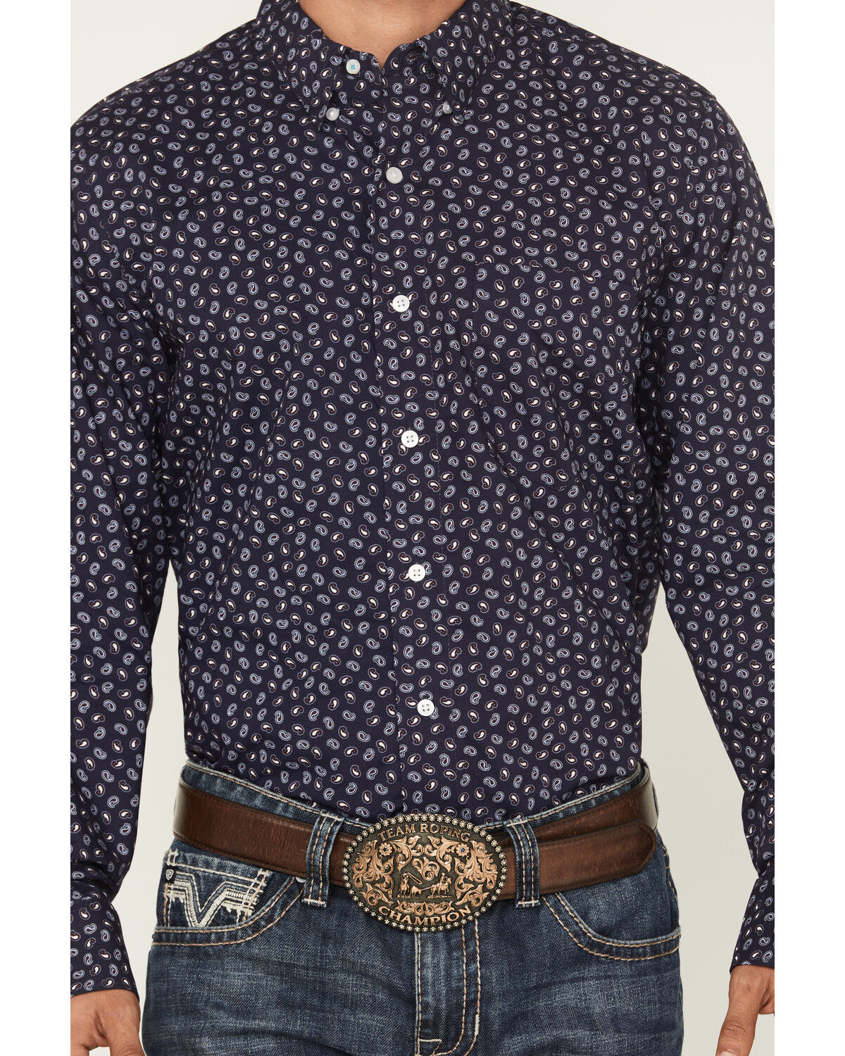 Image #3 - Wrangler X Cody Johnson Men's Paisley Print Long Sleeve Button-Down Western Shirt, Navy, hi-res