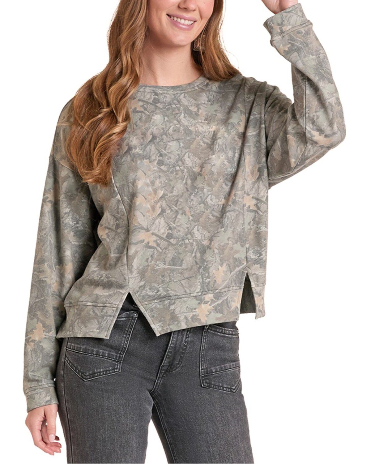 Image #1 - Rock & Roll Denim Women's Camo Print Long Sleeve Crew Neck Sweatshirt, Green, hi-res