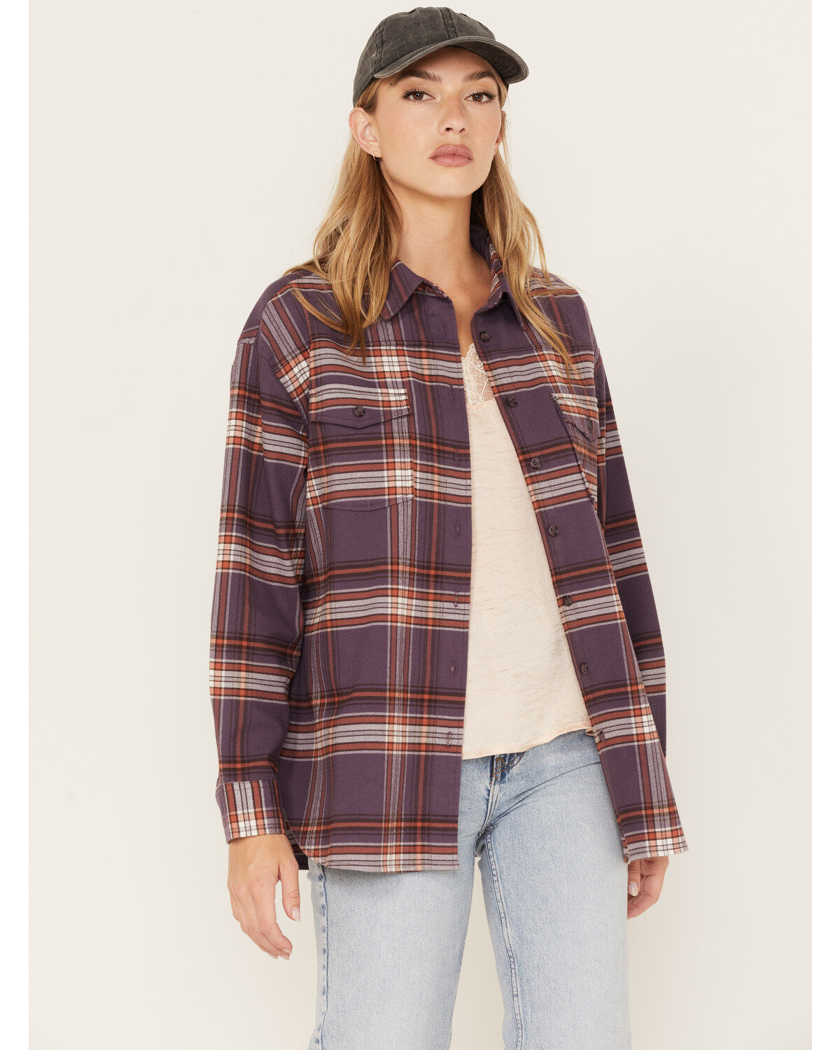 Cleo + Wolf Women's Plaid Print Oversized Long Sleeve Flannel Button Down Shirt, Violet, hi-res