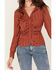 Image #3 - Sadie & Sage Women's Floral Stripe Print Ruched Long Sleeve Button Down Shirt, Rust Copper, hi-res