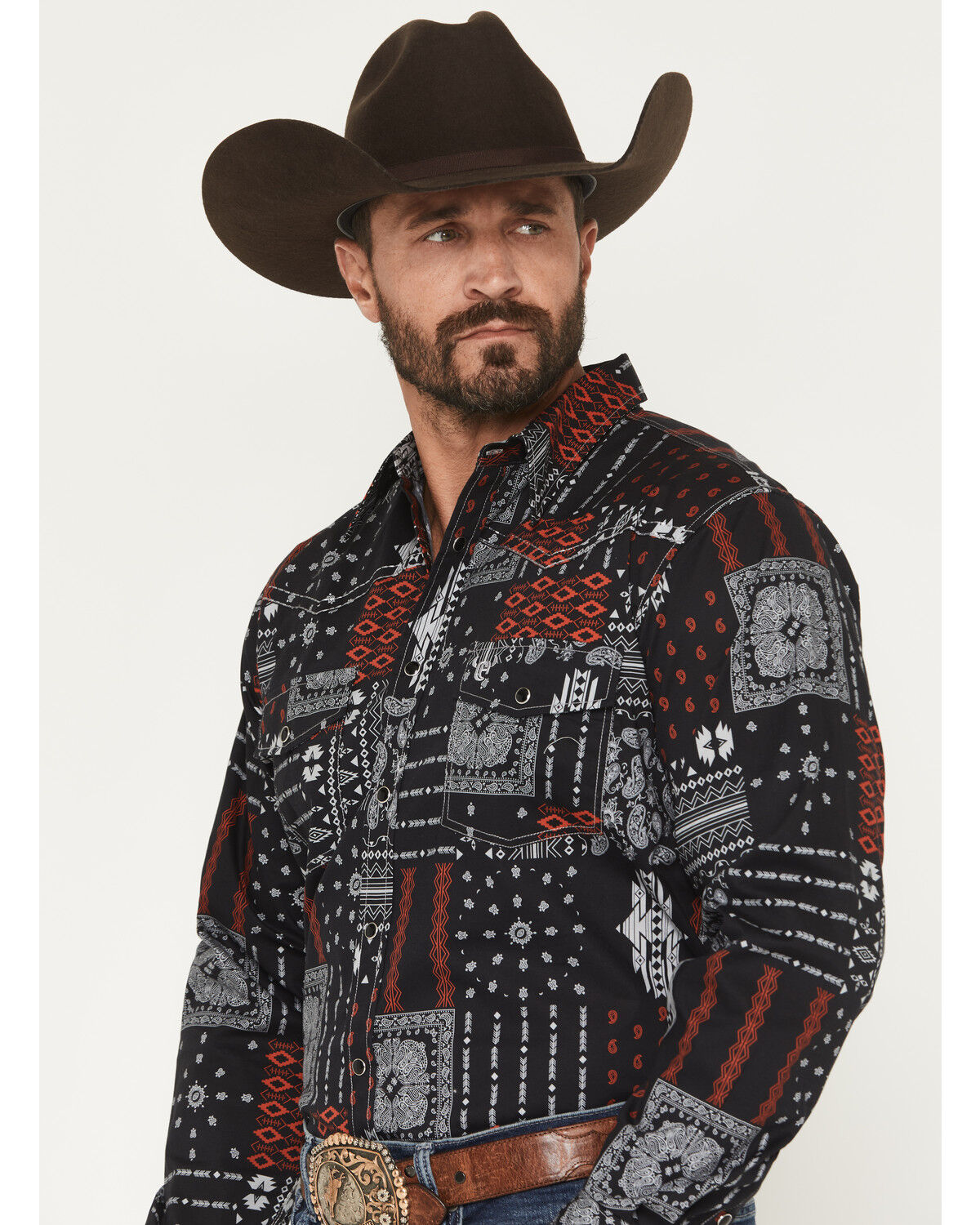 Image #2 - Cowboy Hardware Men's Southwestern Bandana Print Long Sleeve Snap Stretch Western Shirt, Black, hi-res