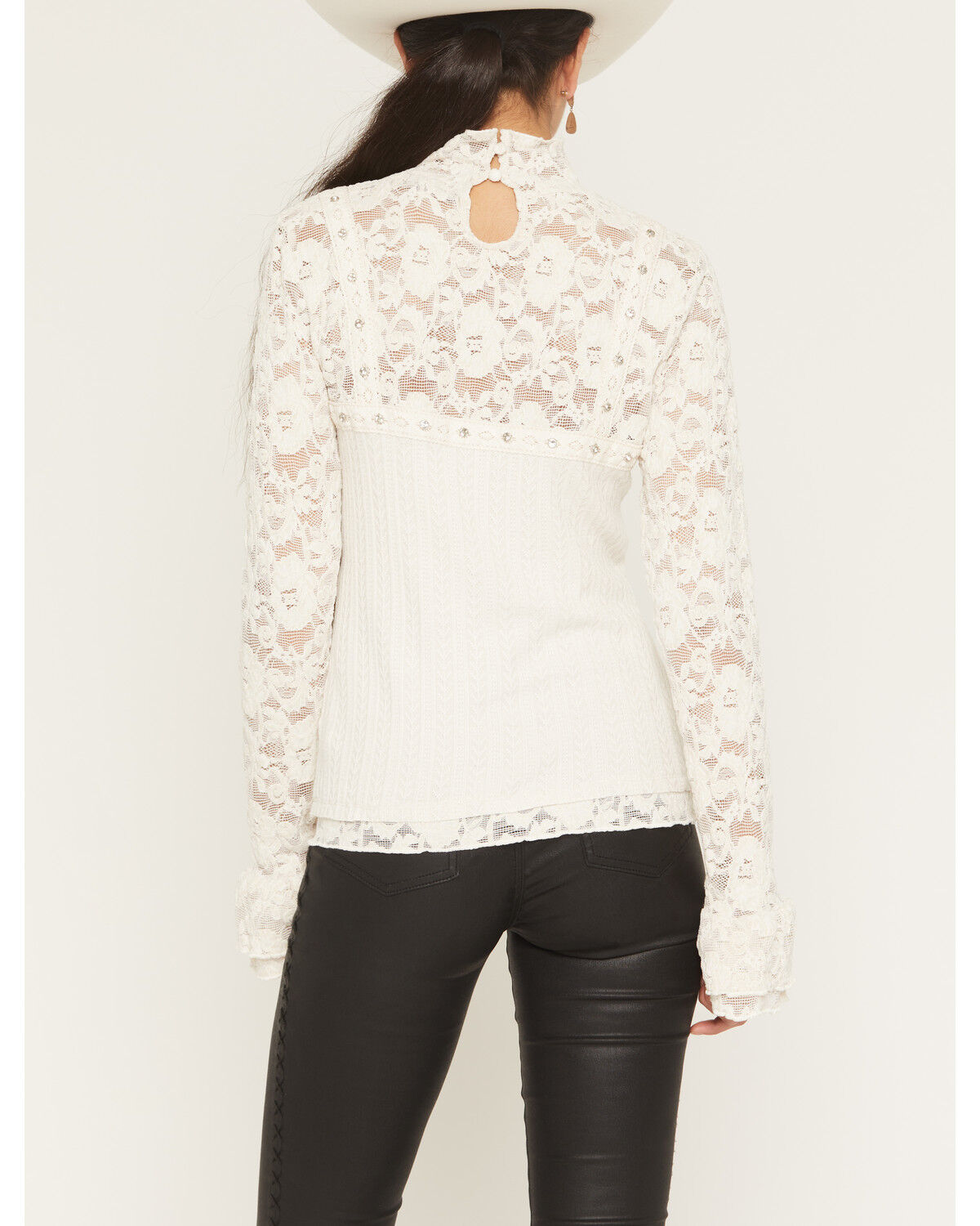 Image #4 - Miss Me Women's Mock Neck Lace Long Sleeve Top, White, hi-res