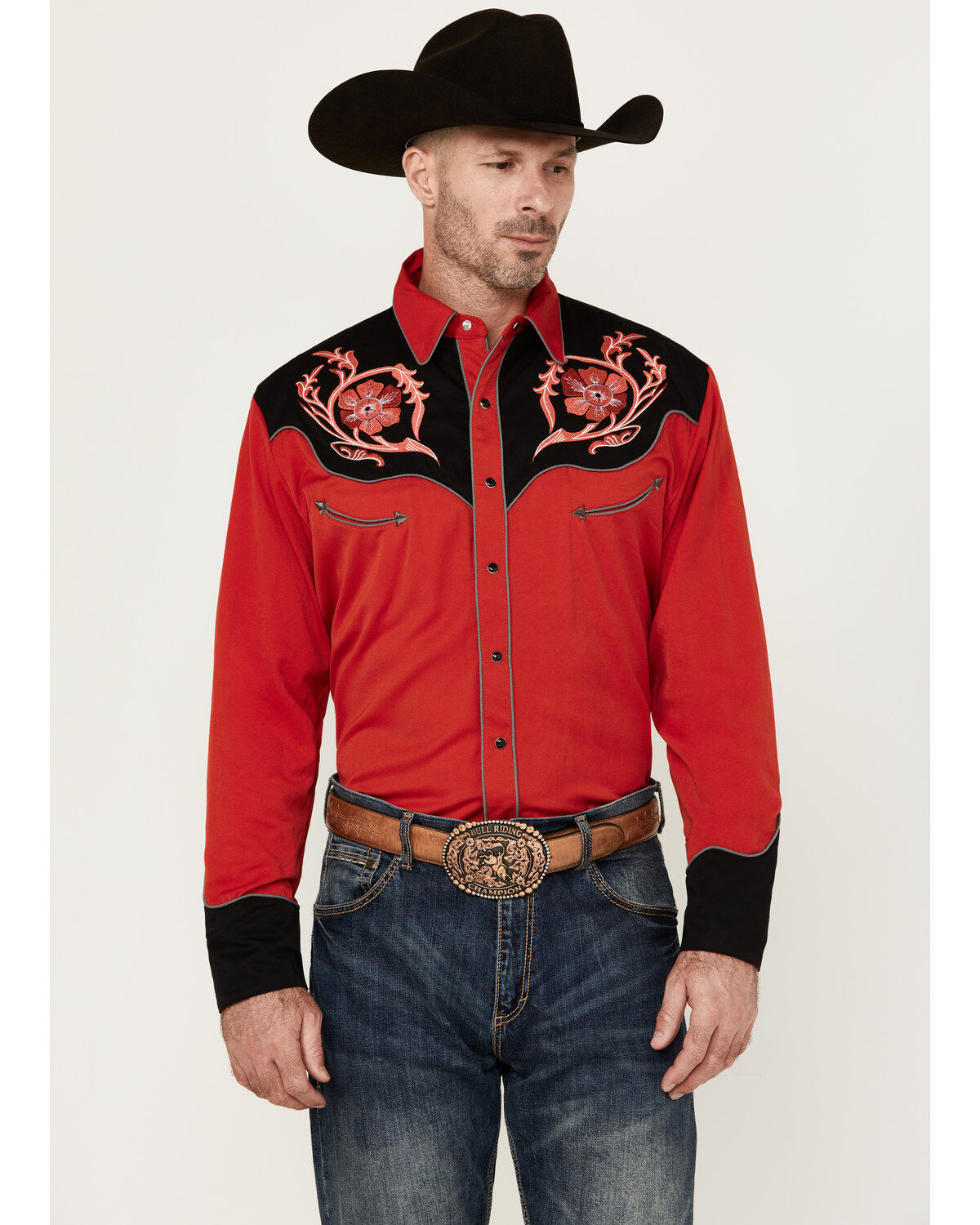 Image #1 - Scully Men's Floral Embroidered Long Sleeve Snap Western Shirt, Red, hi-res