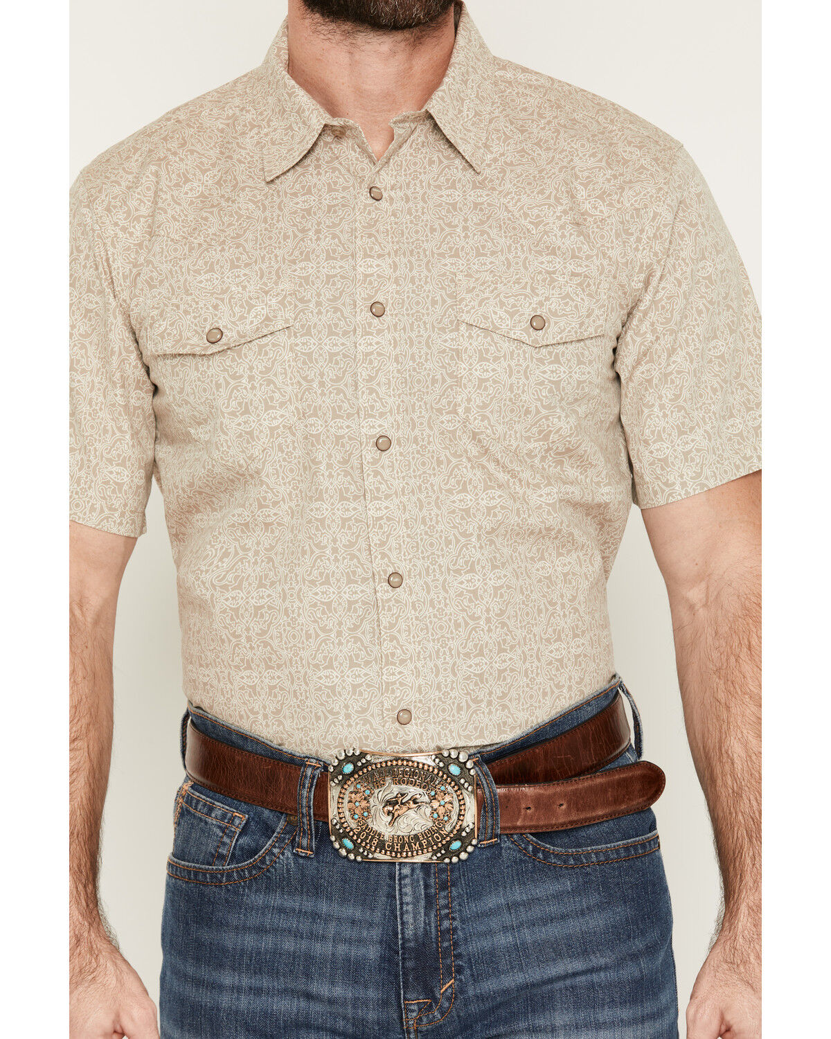 Image #3 - Gibson Trading Co Men's Timeless Medallion Print Short Sleeve Snap Western Shirt - Tall, Tan, hi-res